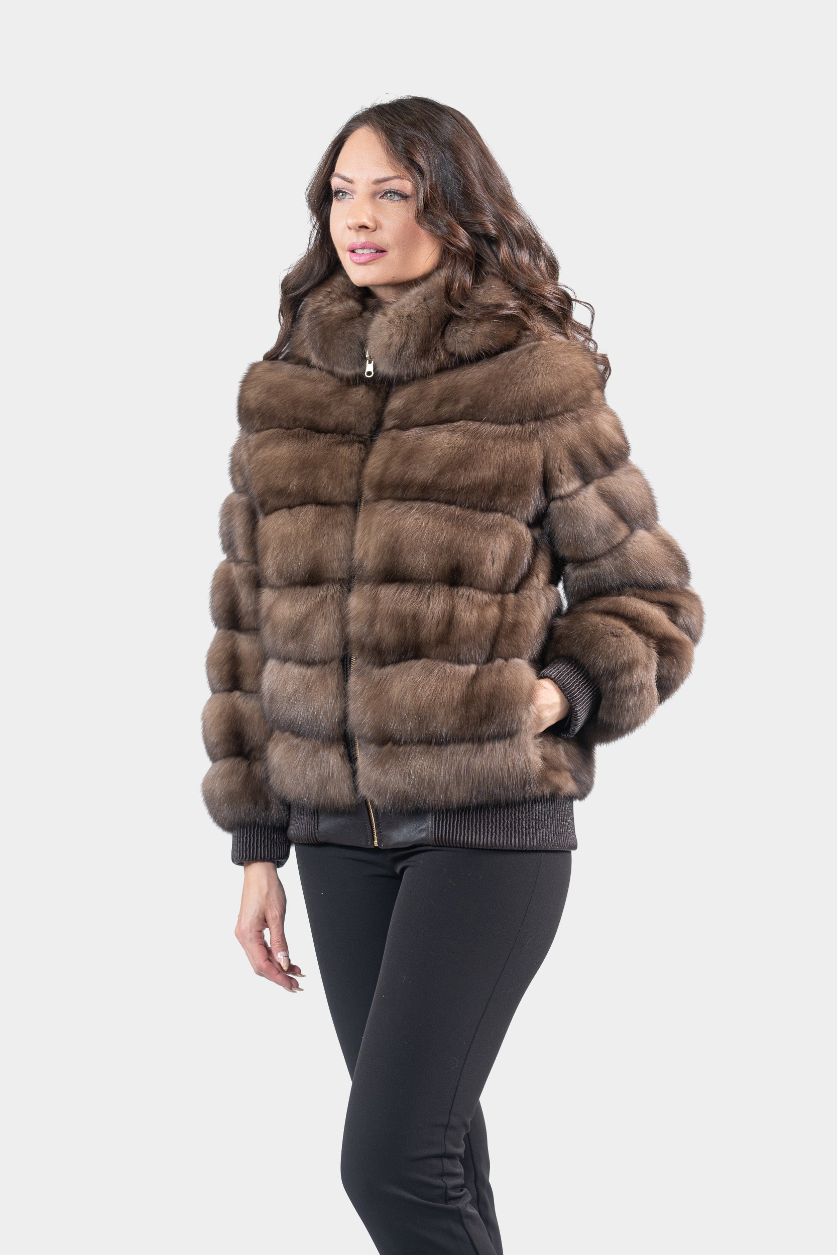 Reversible Titanium Russian Sable Bomber Jacket with Attached Hood P/K228H