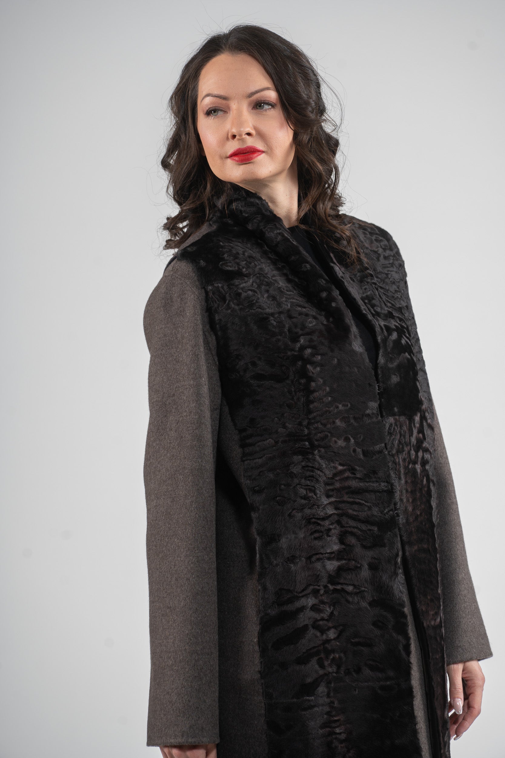 Grey Cashmere Half Coat & Vest with Swakara Fur Trim 17C8003