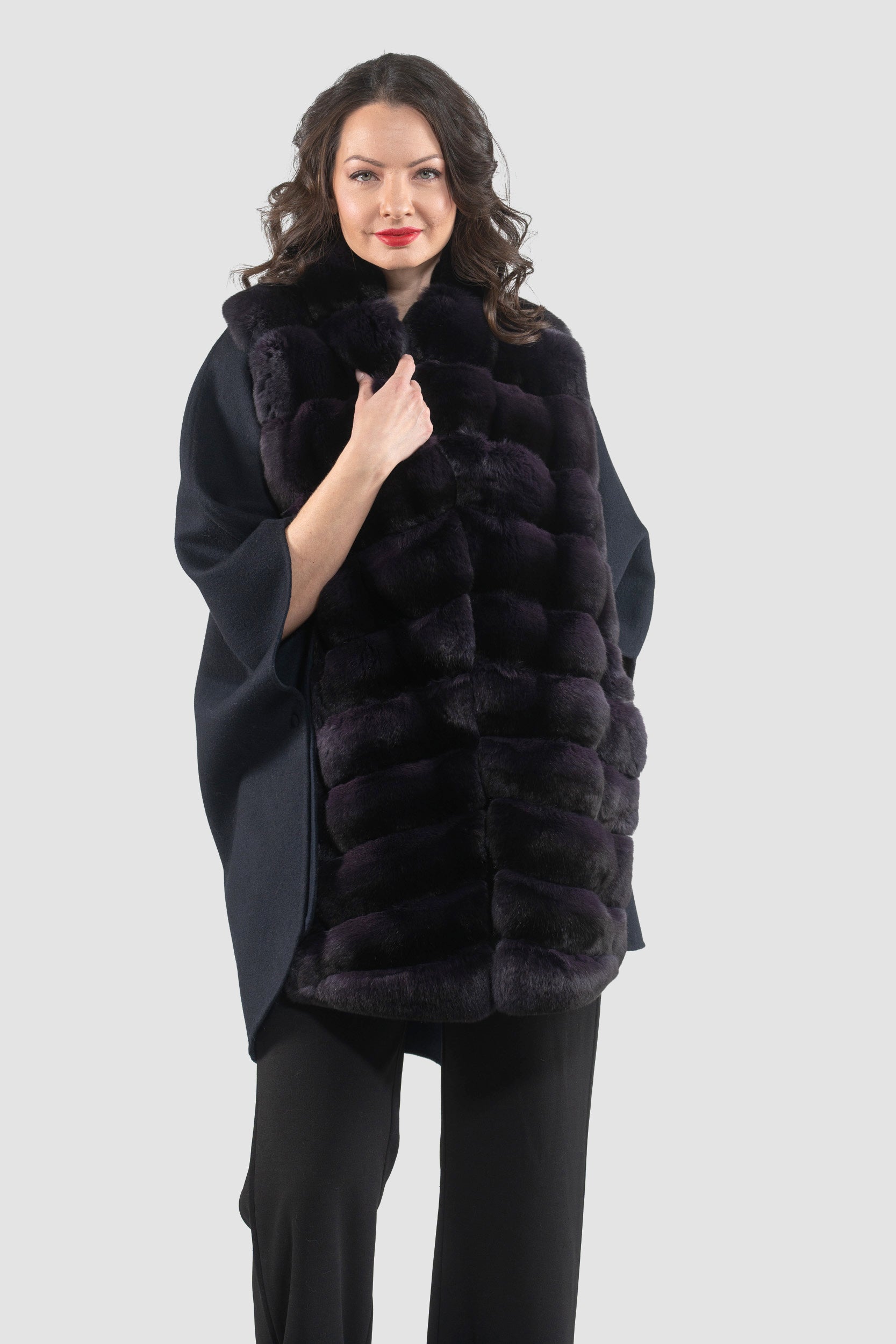Black Cashmere Cape with Aubergine Chinchilla Trim 18M950