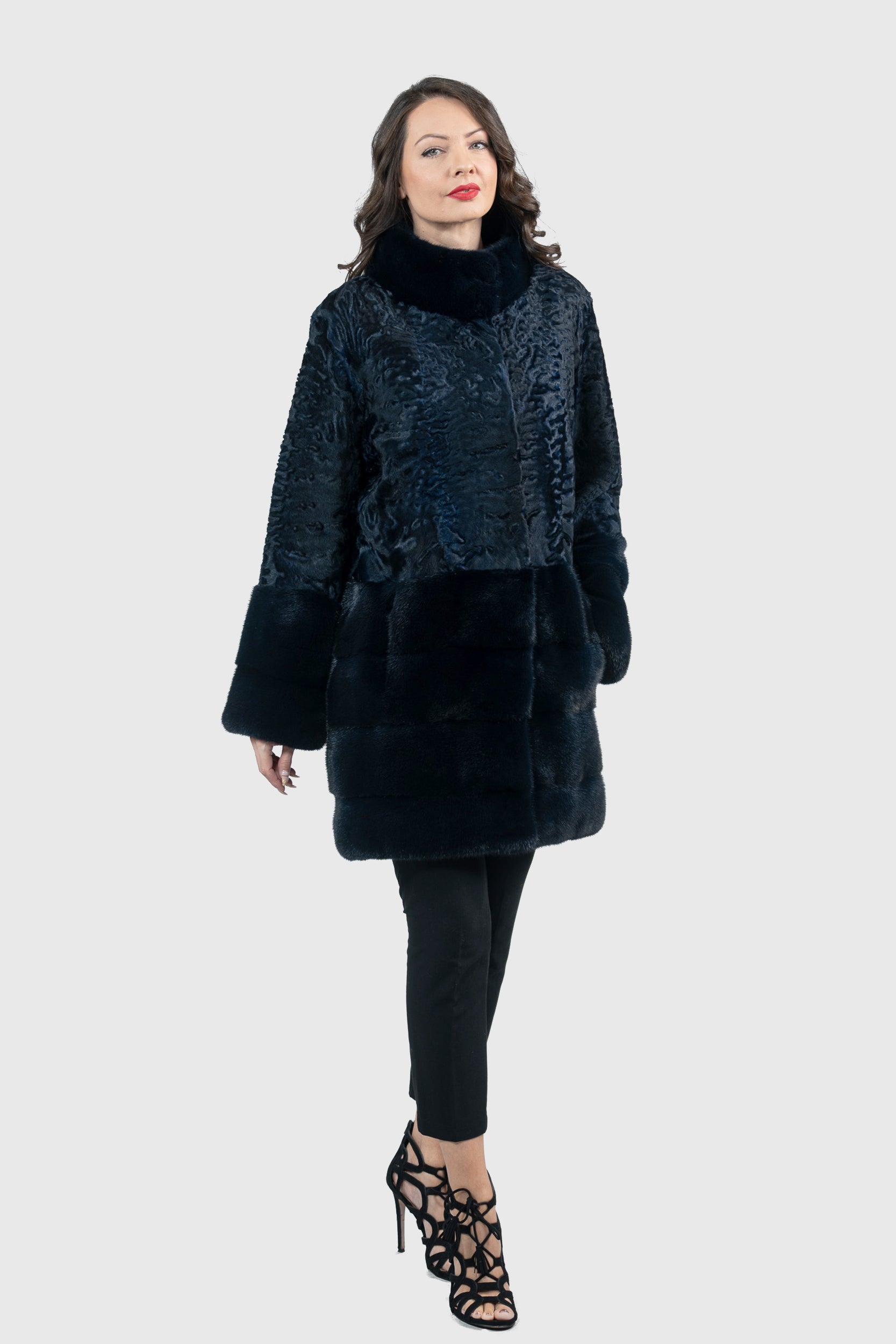Blue Black Swakara Half Coat with Mink Trim S/SR/K16C733