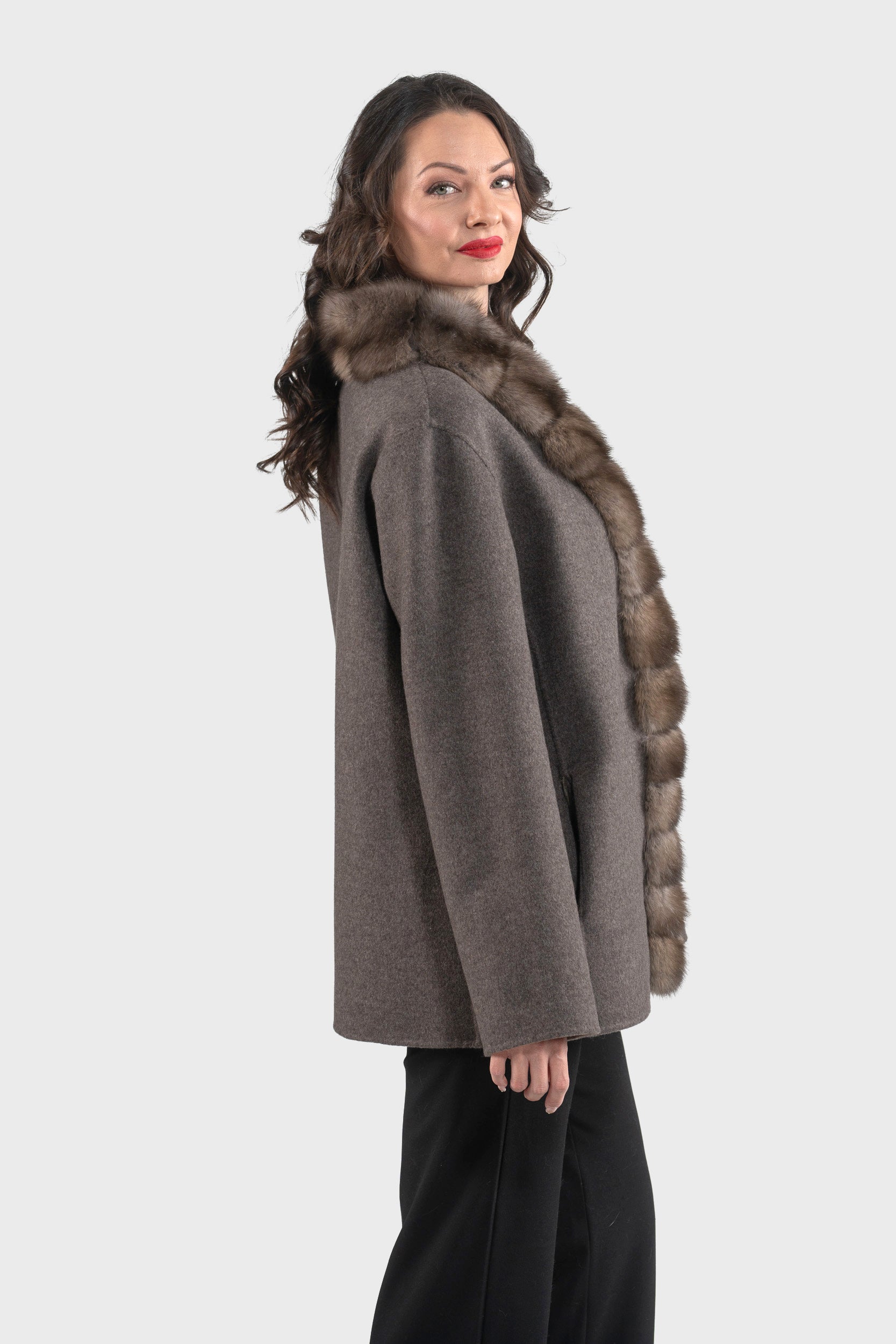 Grey Cashmere Wool Jacket with Russian Sable Trim 21C6080