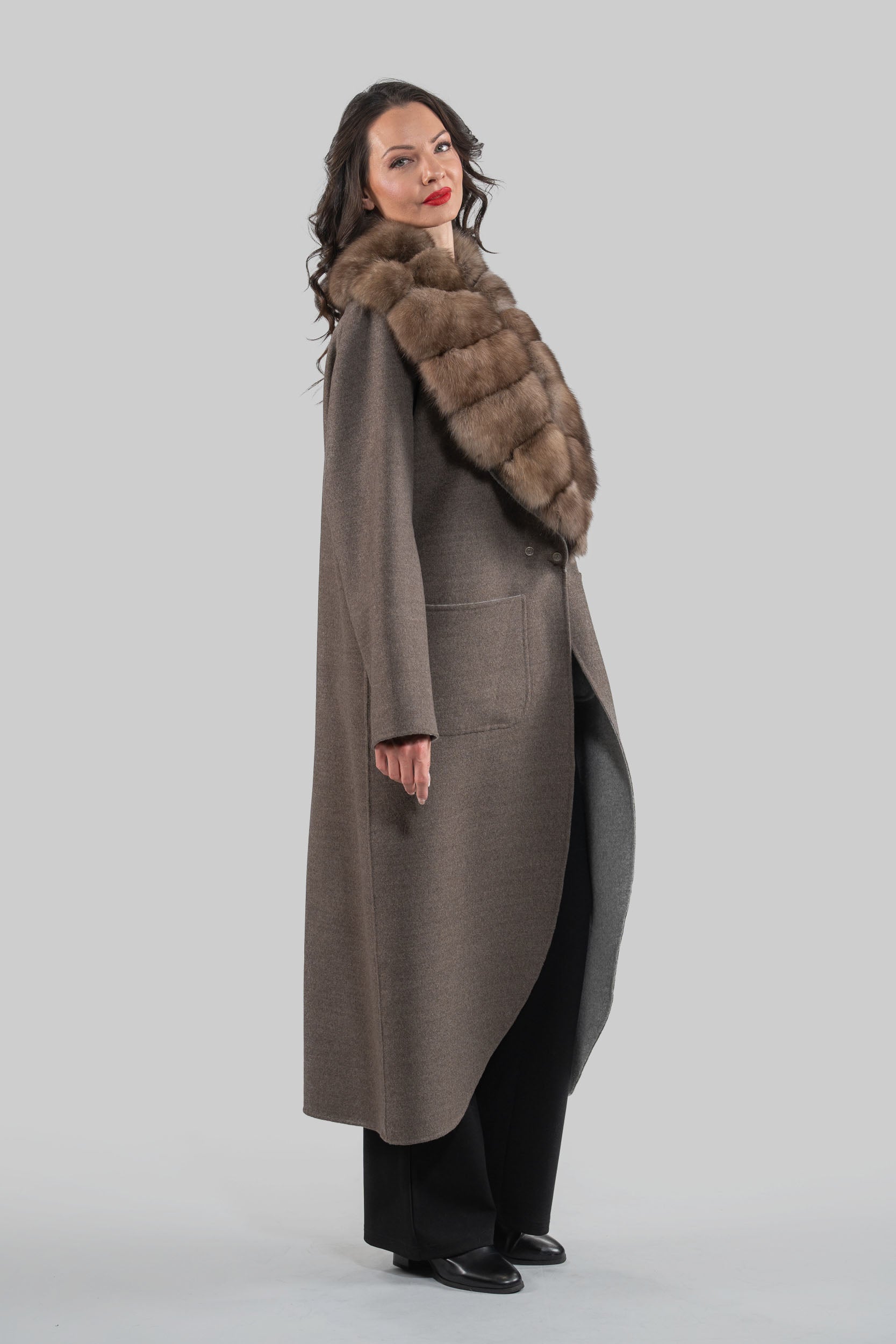 Brown Grey Cashmere Coat with Russian Sable Notch Collar 20C8060S20o
