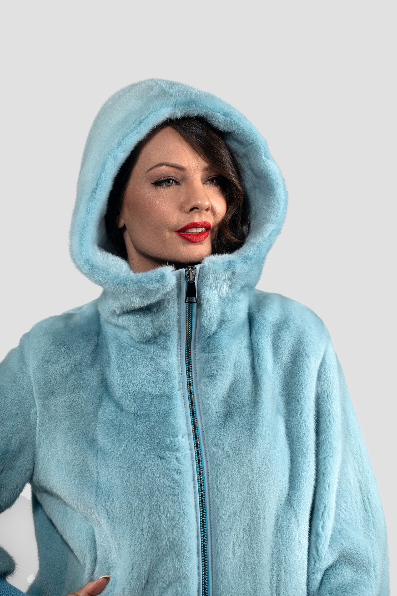 Mint Mink Bomber Jacket with Hood L/O13C224H