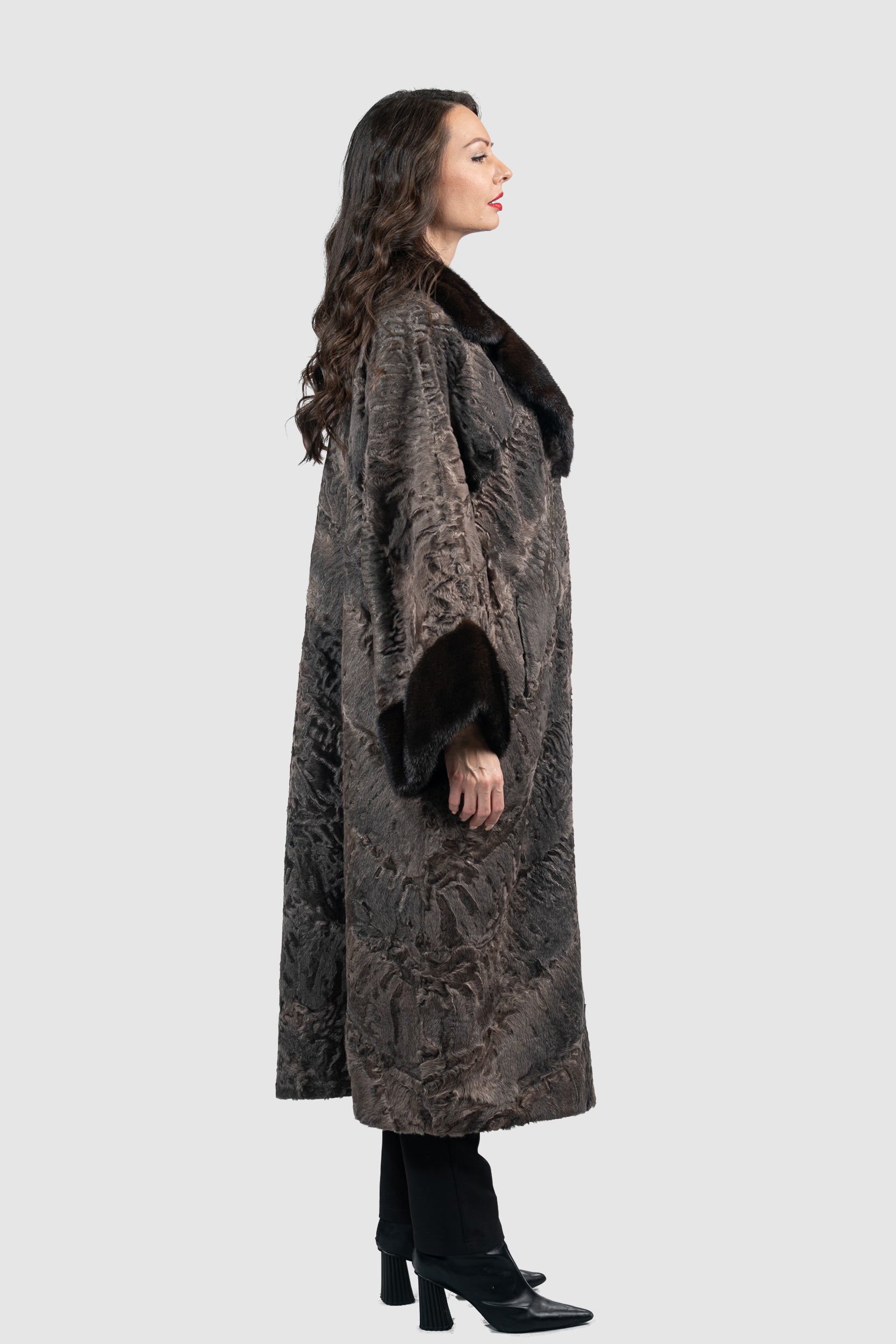 Chocolate Swakara Coat with Mink Trim A/K13C848gs20v30