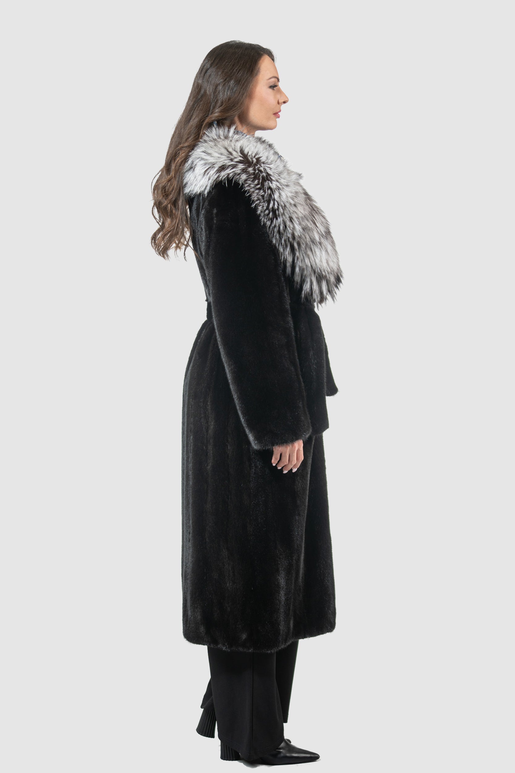 Blackgalama Mink Coat With Fox Shawl Collar L/O13C530gC17