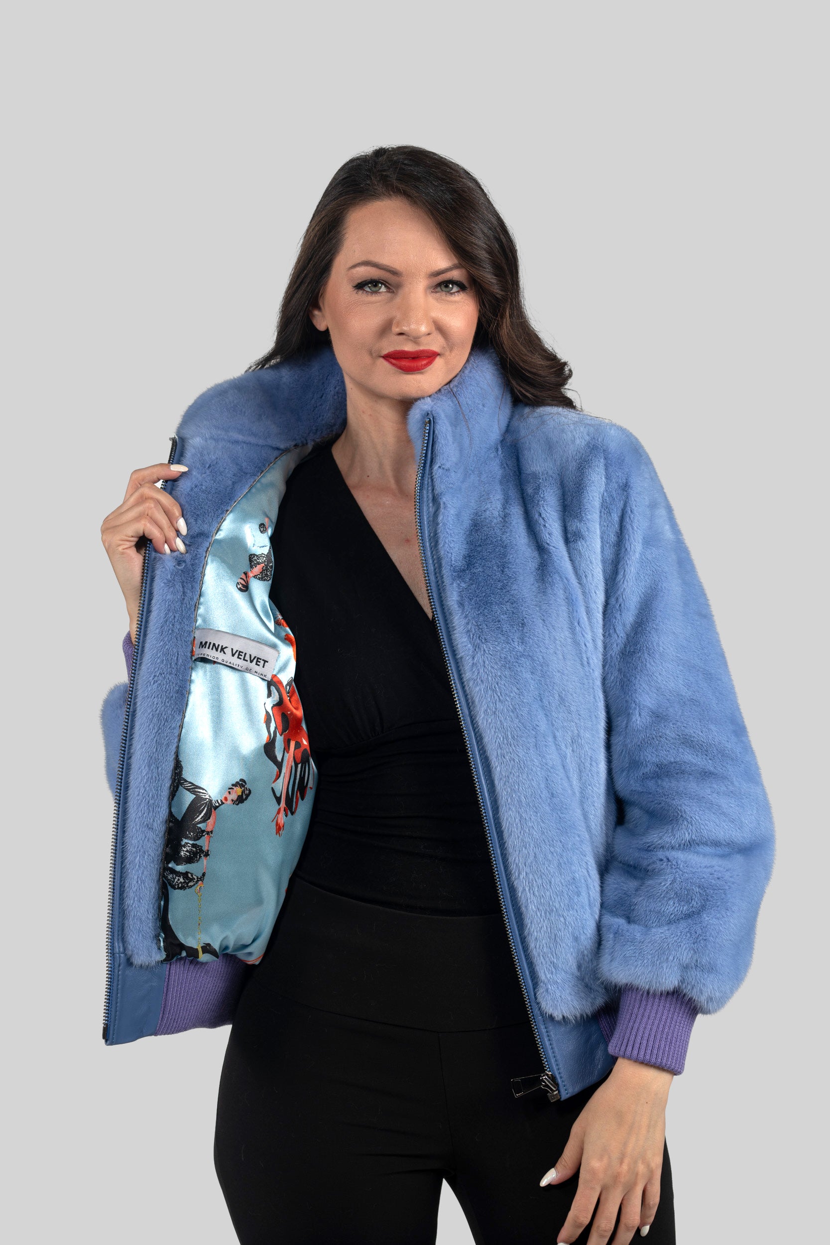 Aqua Marine Mink Bomber Jacket with Stand Collar L/O13C224