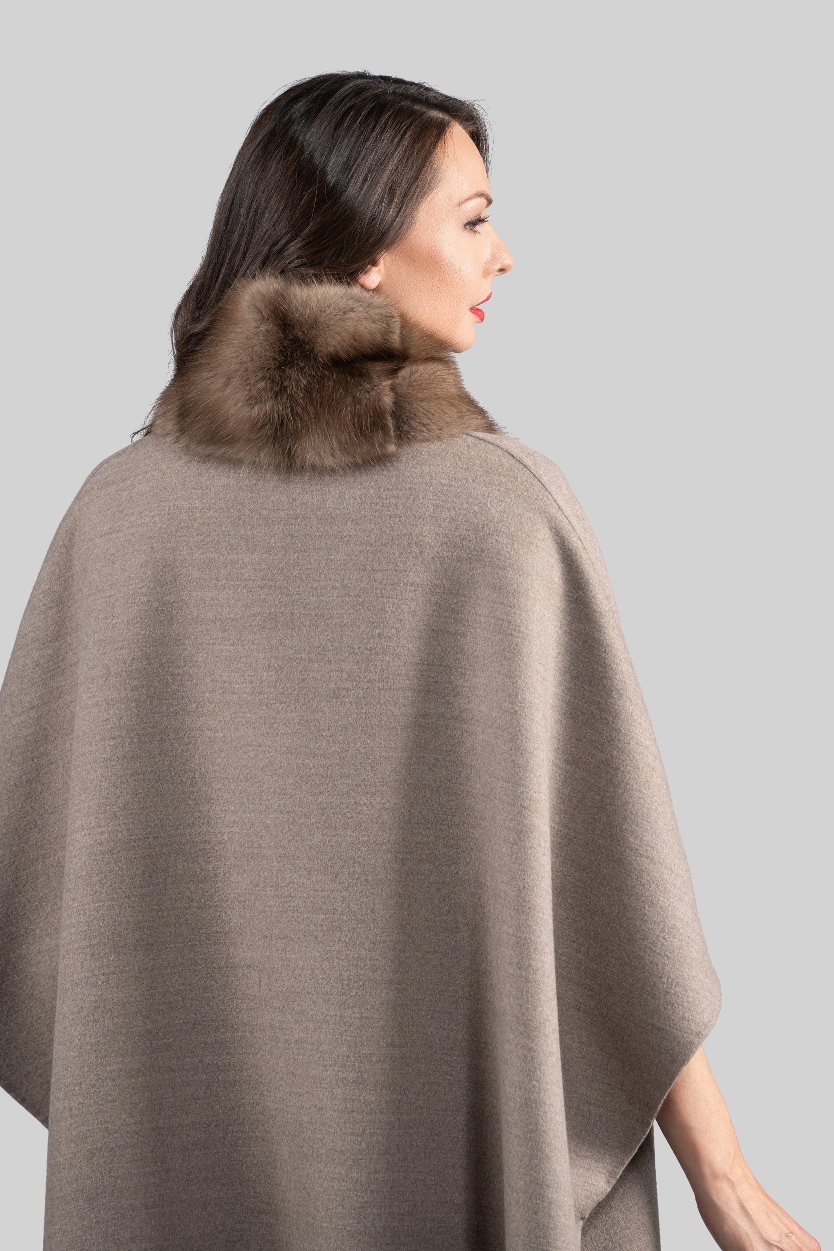 Grey Brown Cashmere Cape with Russian Sable Trim 18M951
