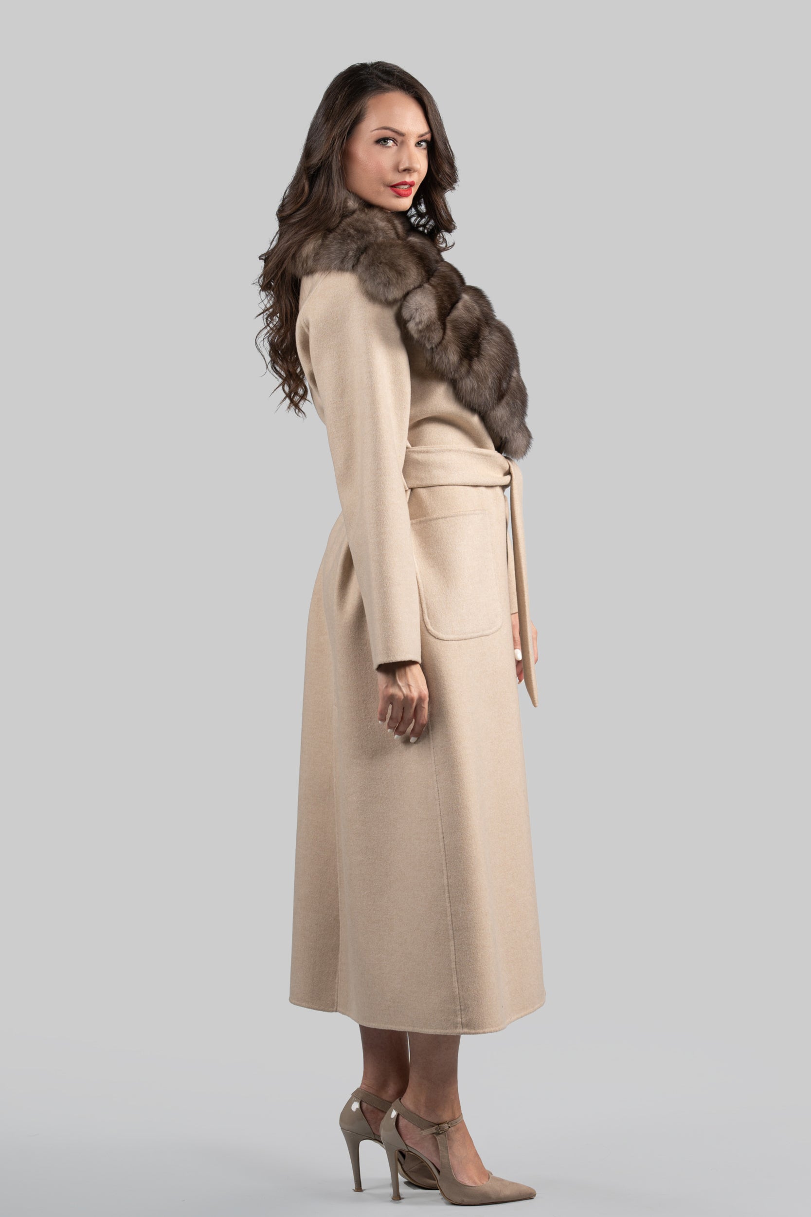 Ecru Cashmere Coat with Russian Sable Notch Collar 22CA235