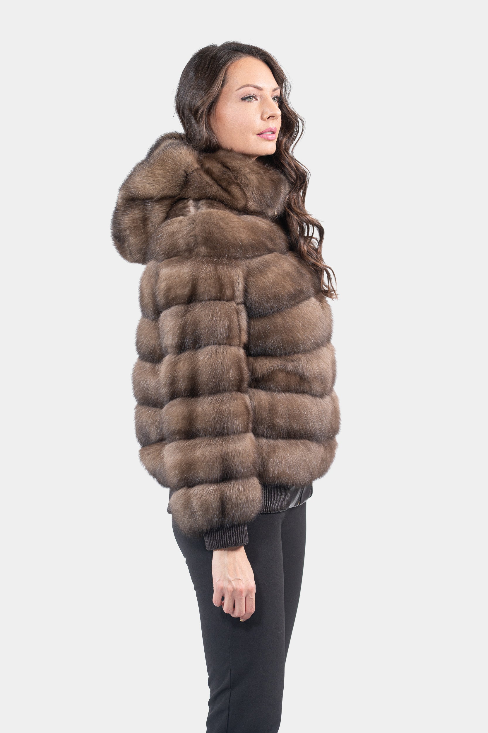 Reversible Titanium Russian Sable Bomber Jacket with Attached Hood P/K228H