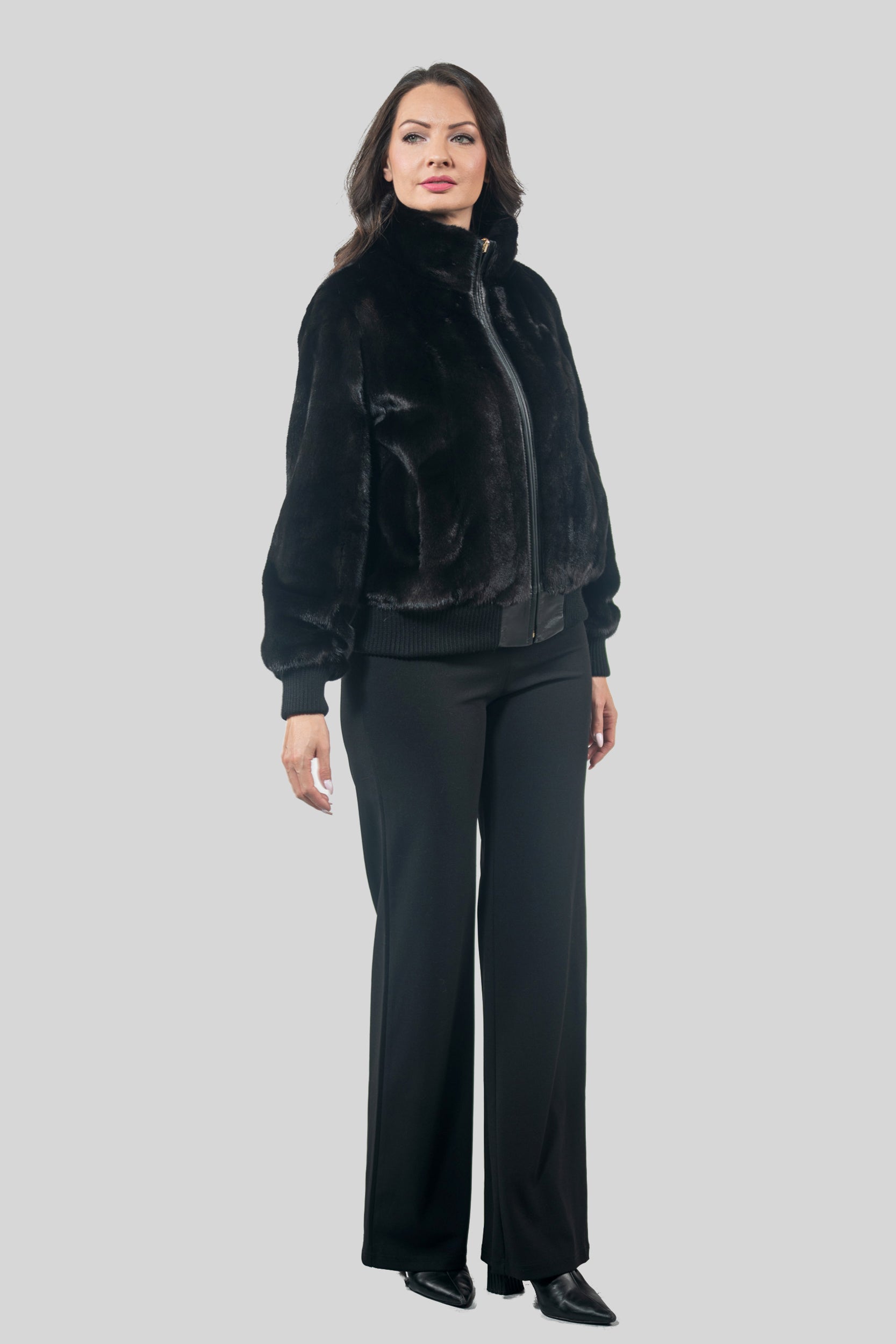 Black Mink Bomber Jacket with Stand Collar L/O13C224