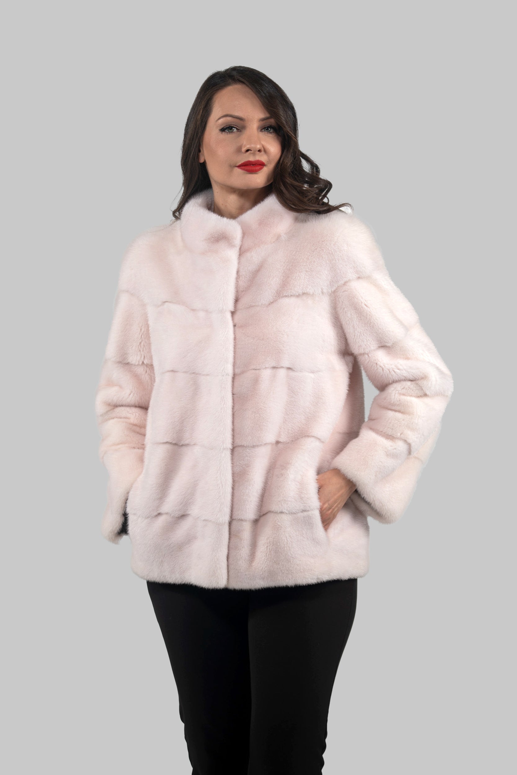 Powder Pink Mink Jacket with Stand Collar P/K13C528