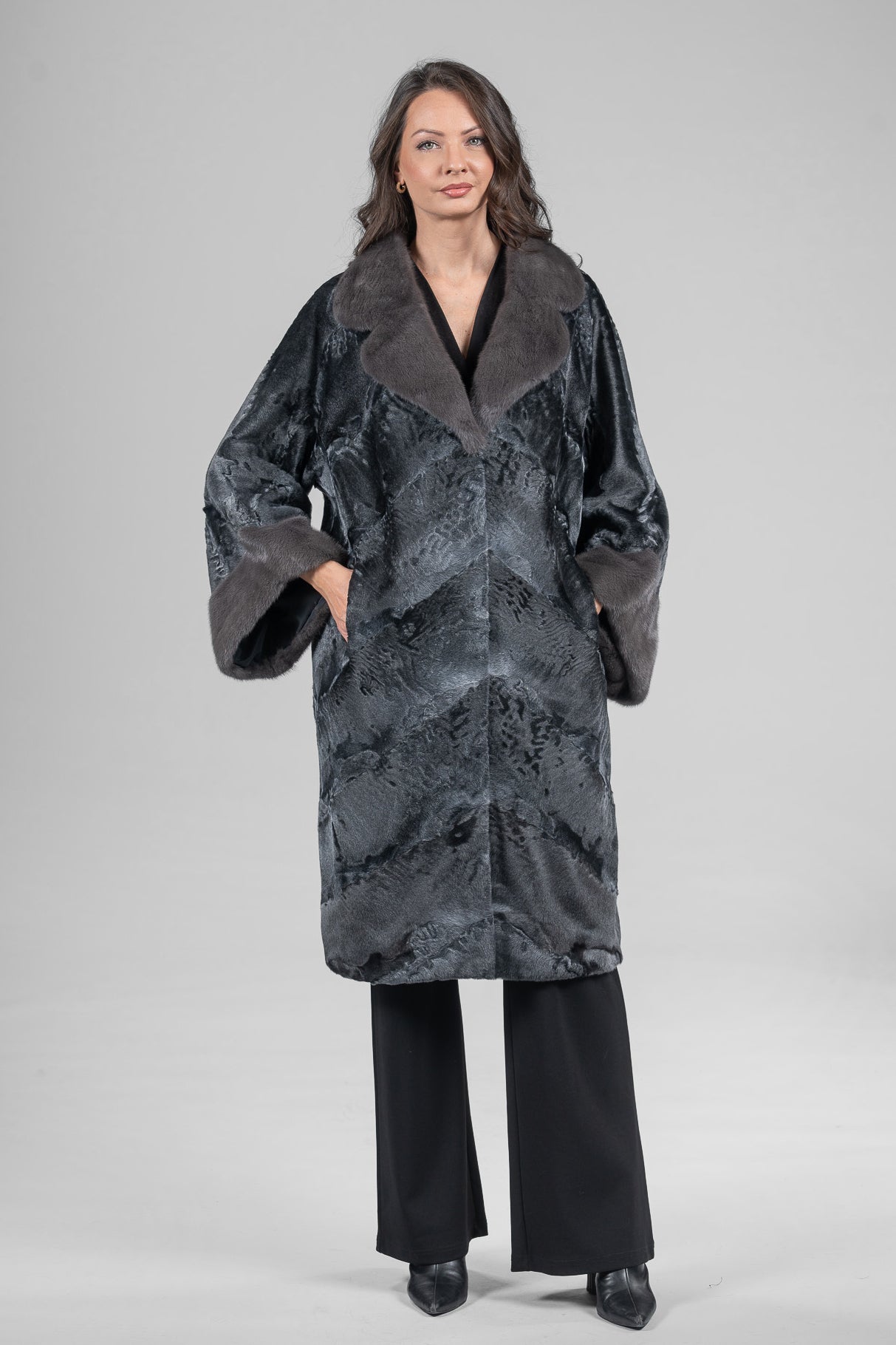Acciaio Swakara Oversized Half Coat with Titanium Mink Trim A/K13C848gs20v30