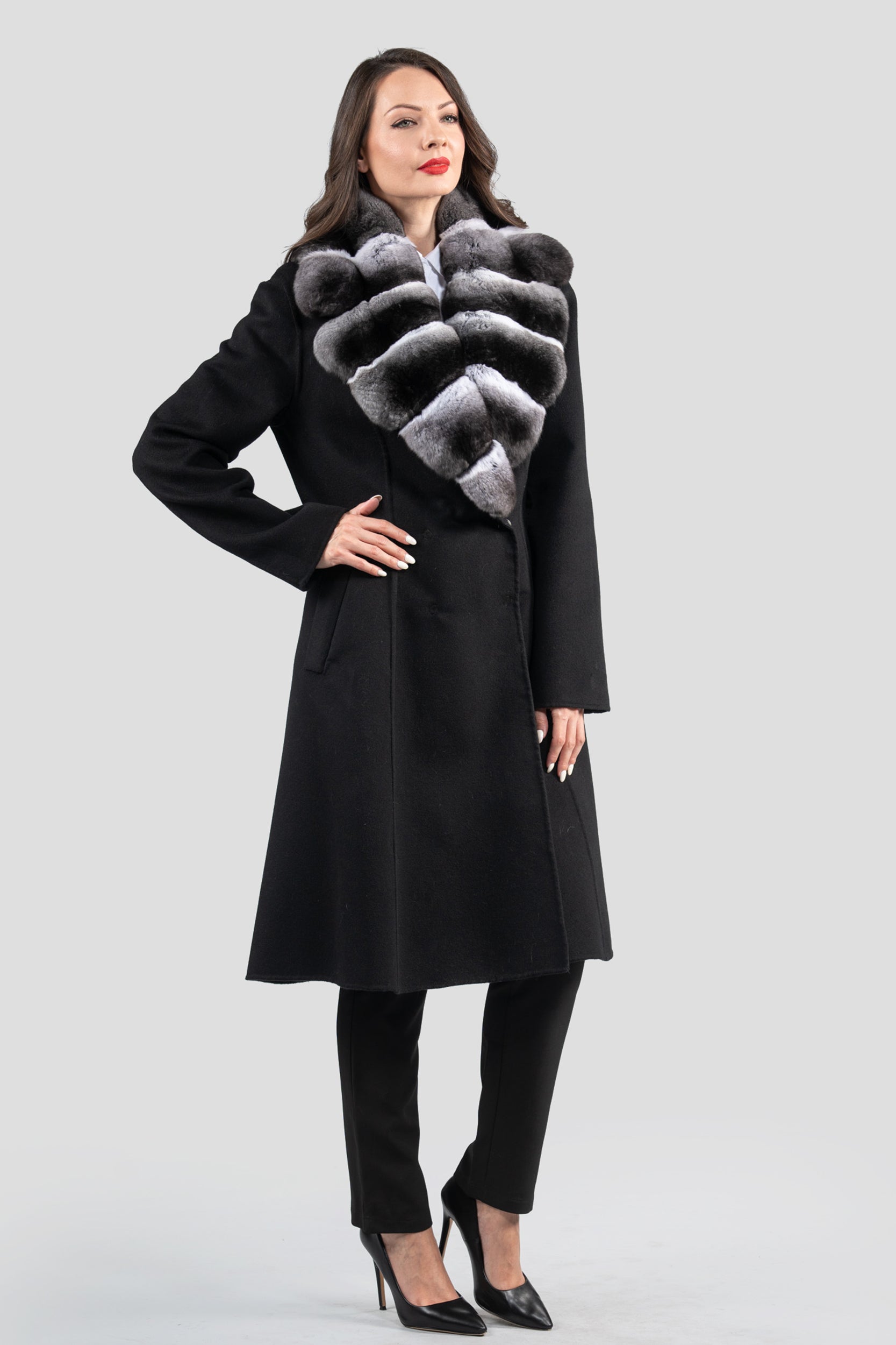 Black Cashmere Coat with Chinchilla Notch Collar 19C8250