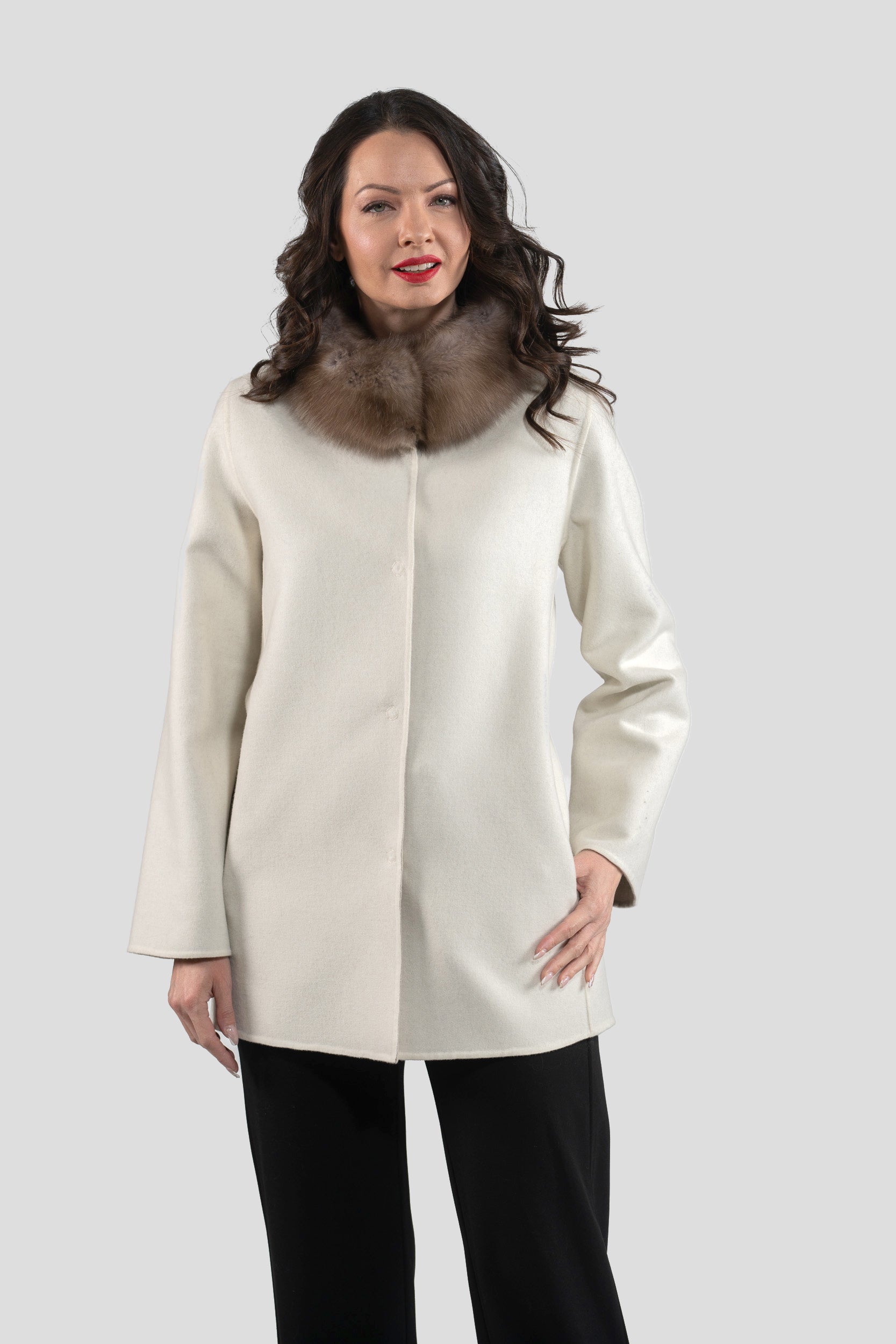 White Cashmere Jacket with Russian Sable Trimmed Stand Collar 17C8003G530