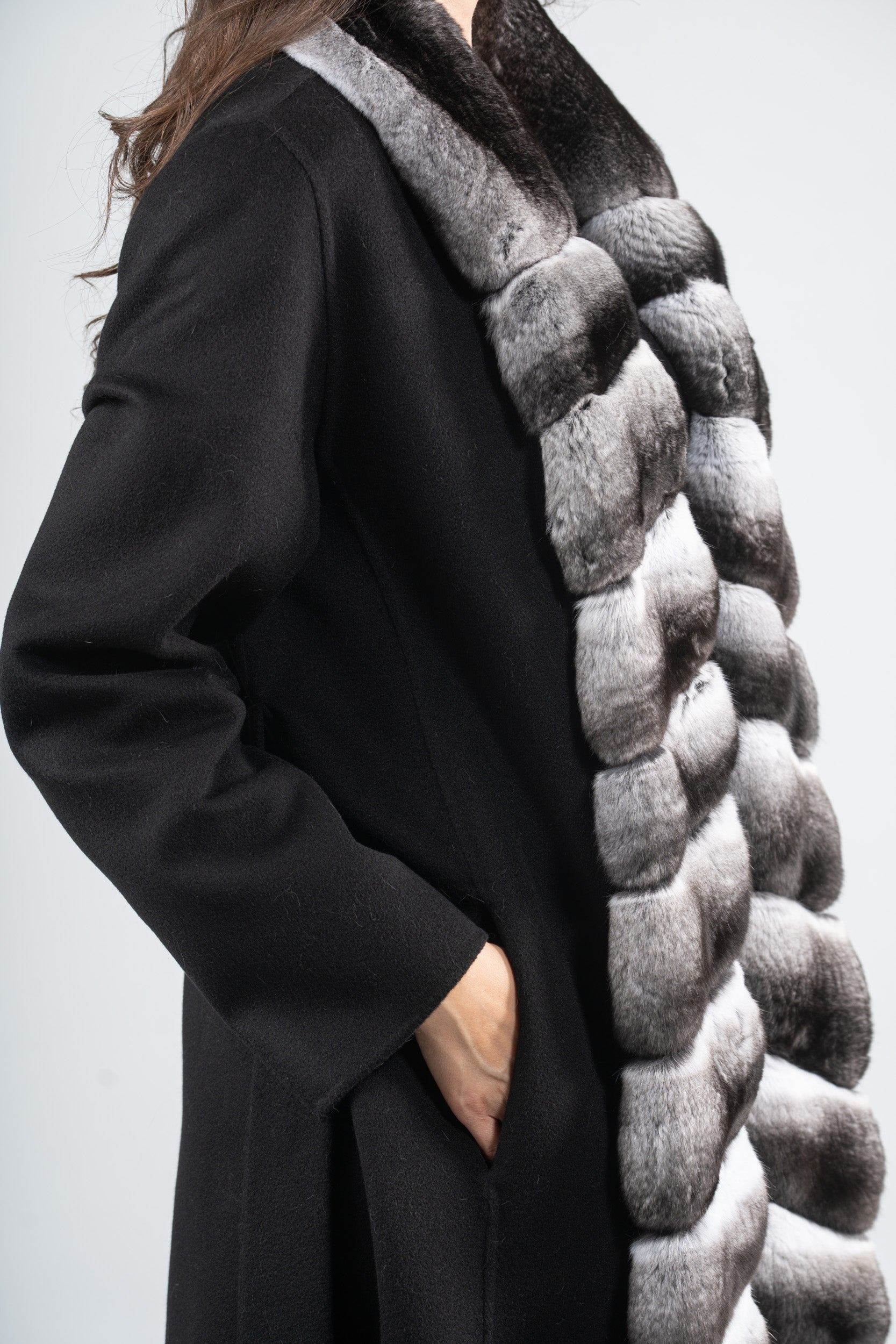 Black Cashmere Coat with Chinchilla Trim 21C3321