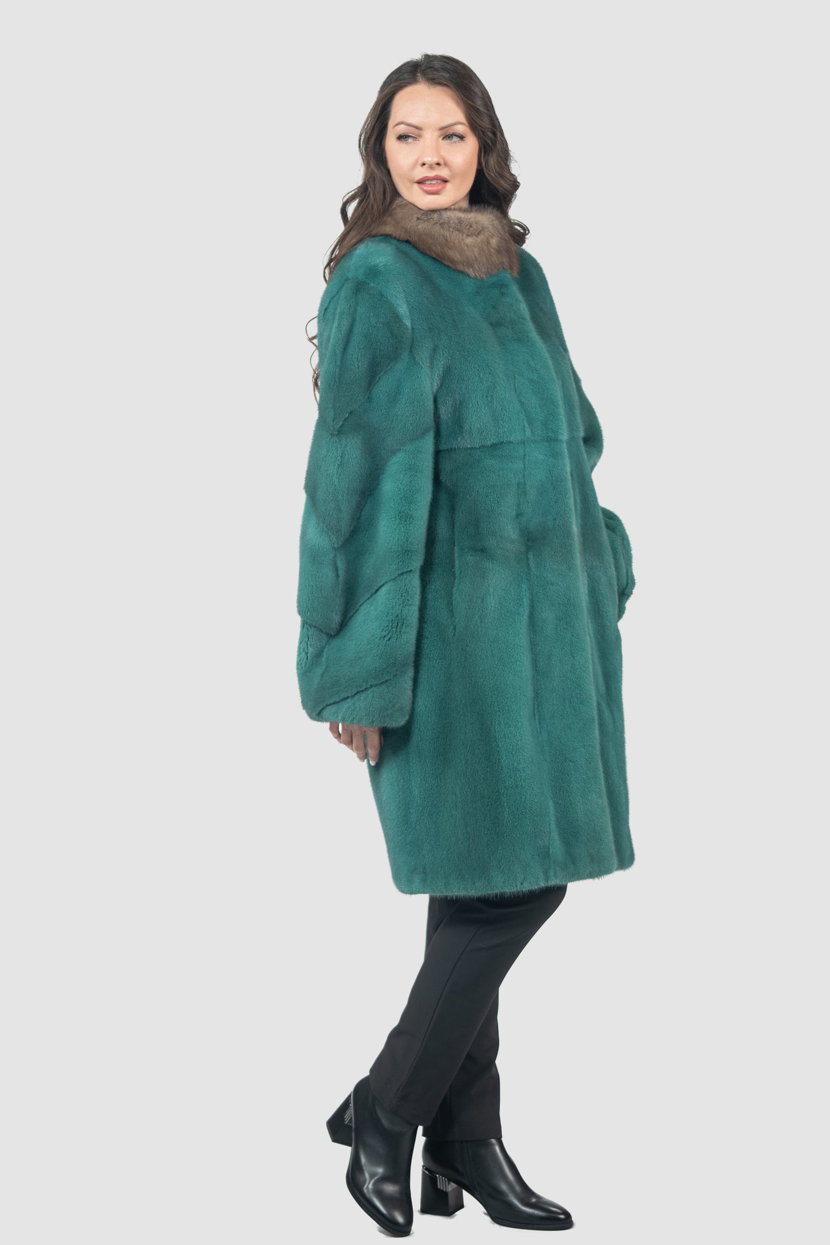 Green Mink Half Coat with Russian Sable-Trimmed Stand Collar CLER