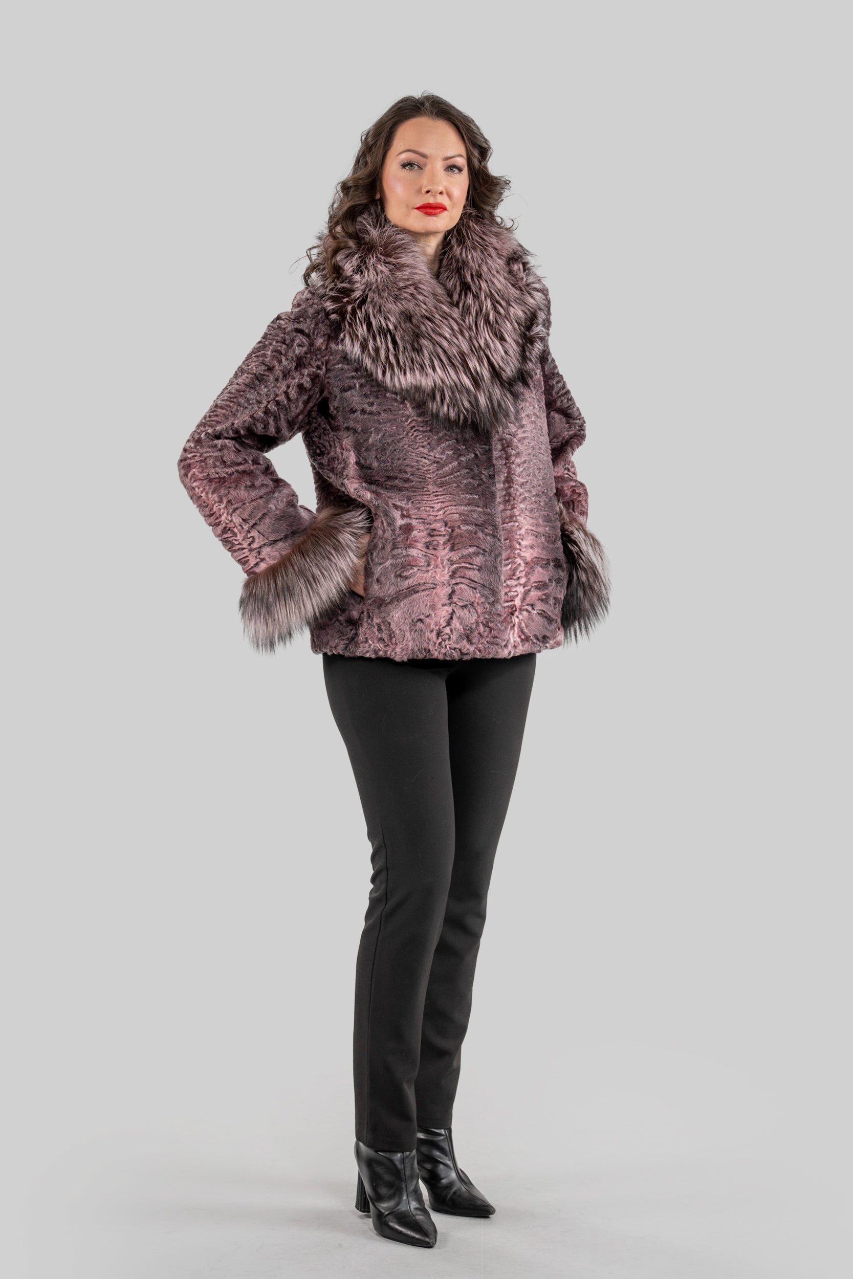Swakara Jacket With Fox Fur Trim Notch Collar and Cuffs in Pink S/S13C528s20