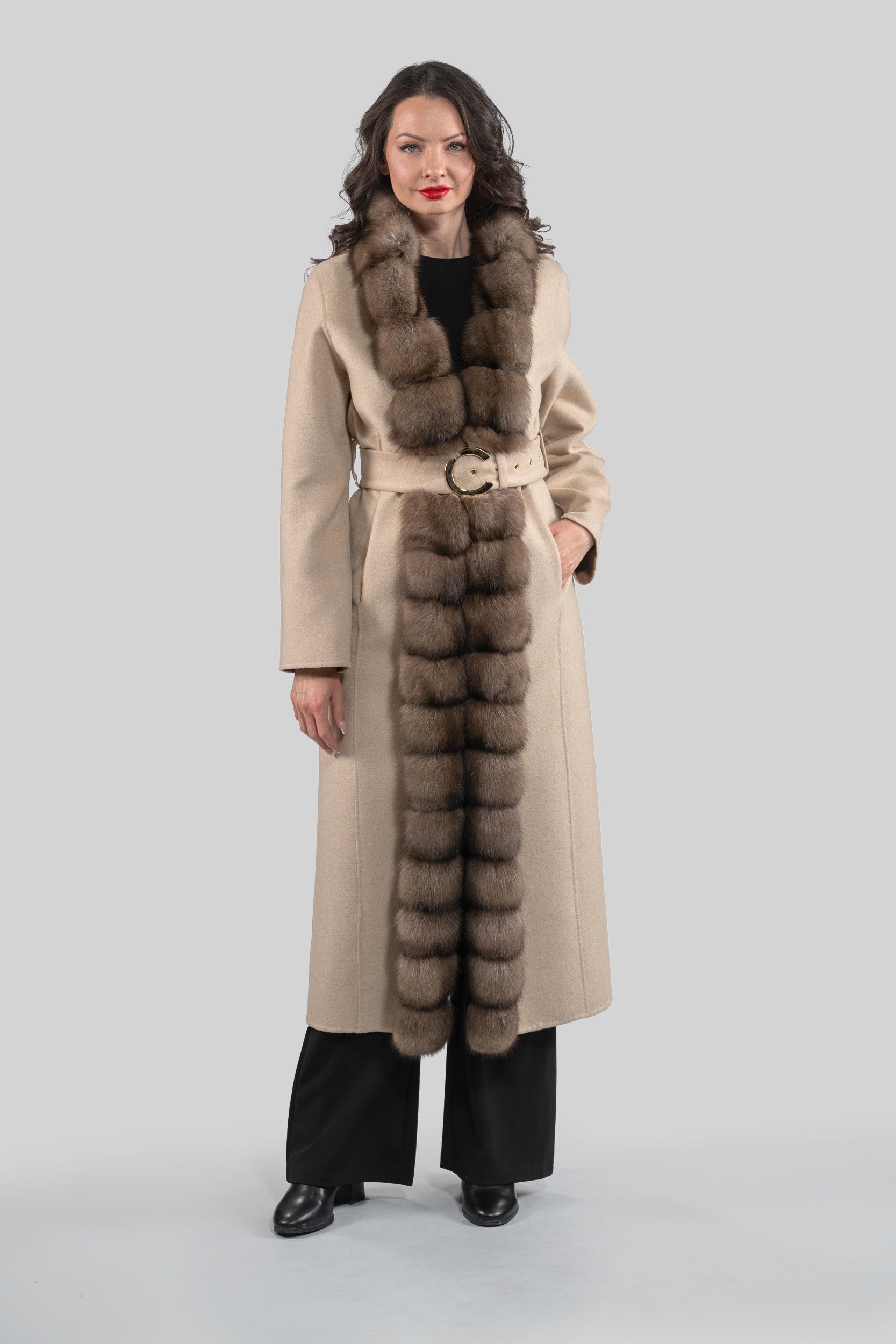 Ecru Beige Cashmere Coat with Russian Sable Trim 21C6080