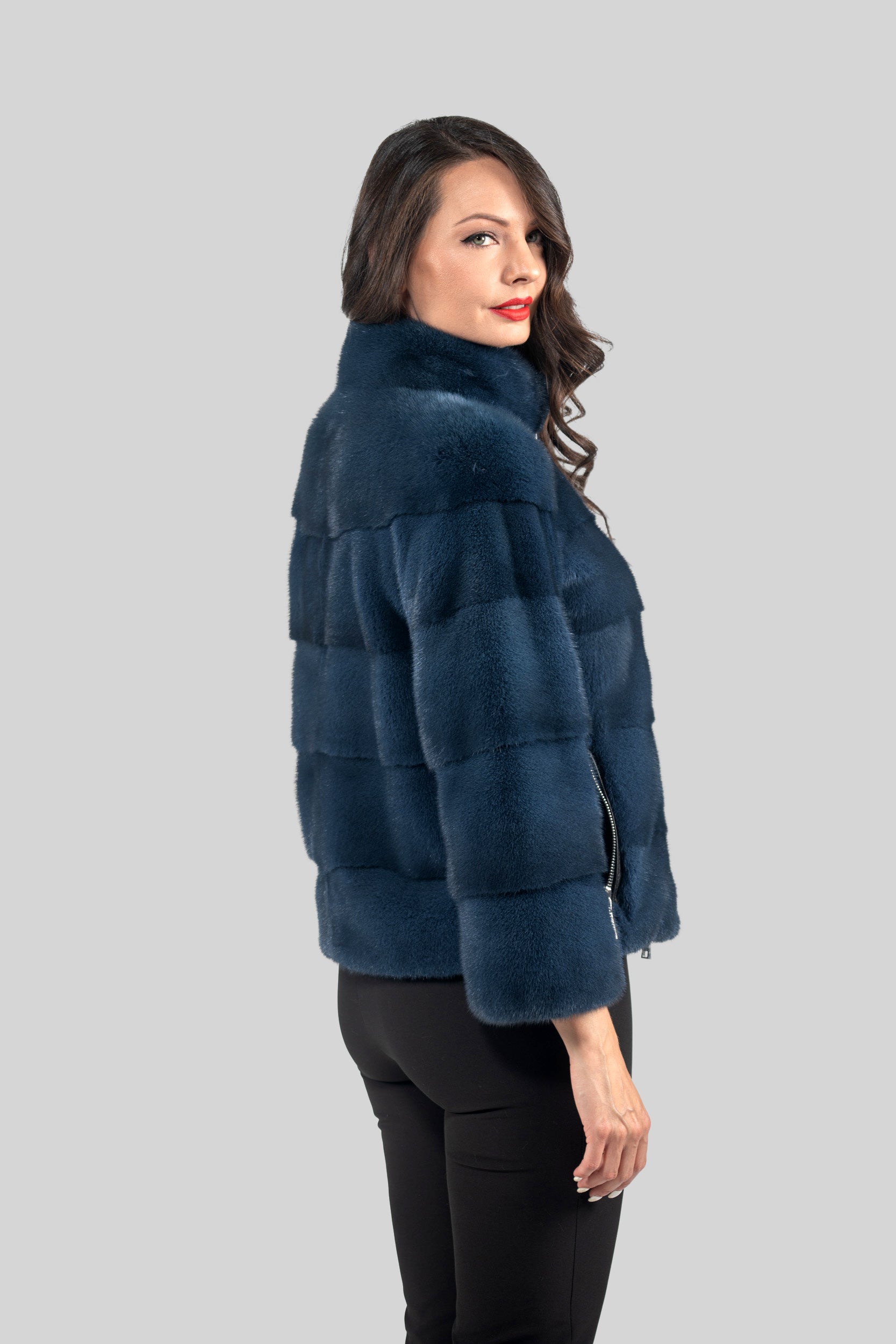 Blue Jean Mink Jacket with Stand Collar and Zipper P/K13C224