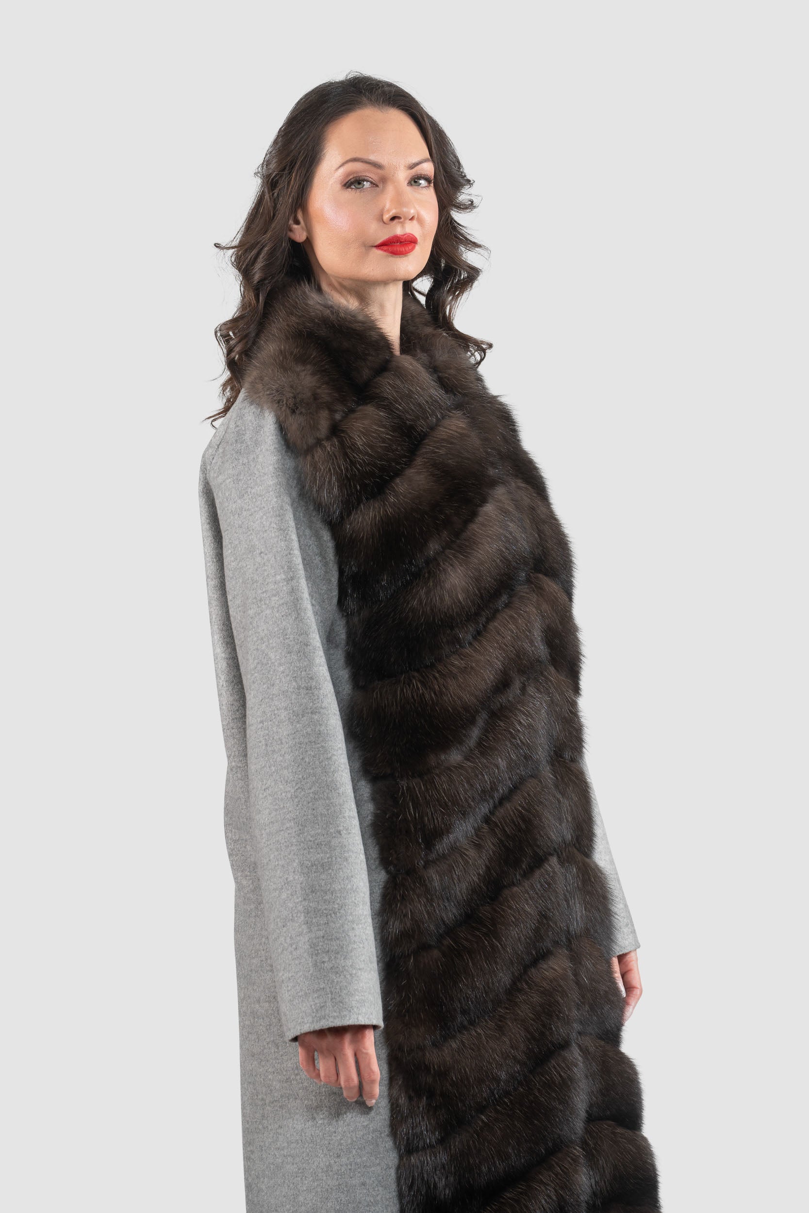 Grey Cashmere Half Coat with Russian Sable Trim 17C8003G530