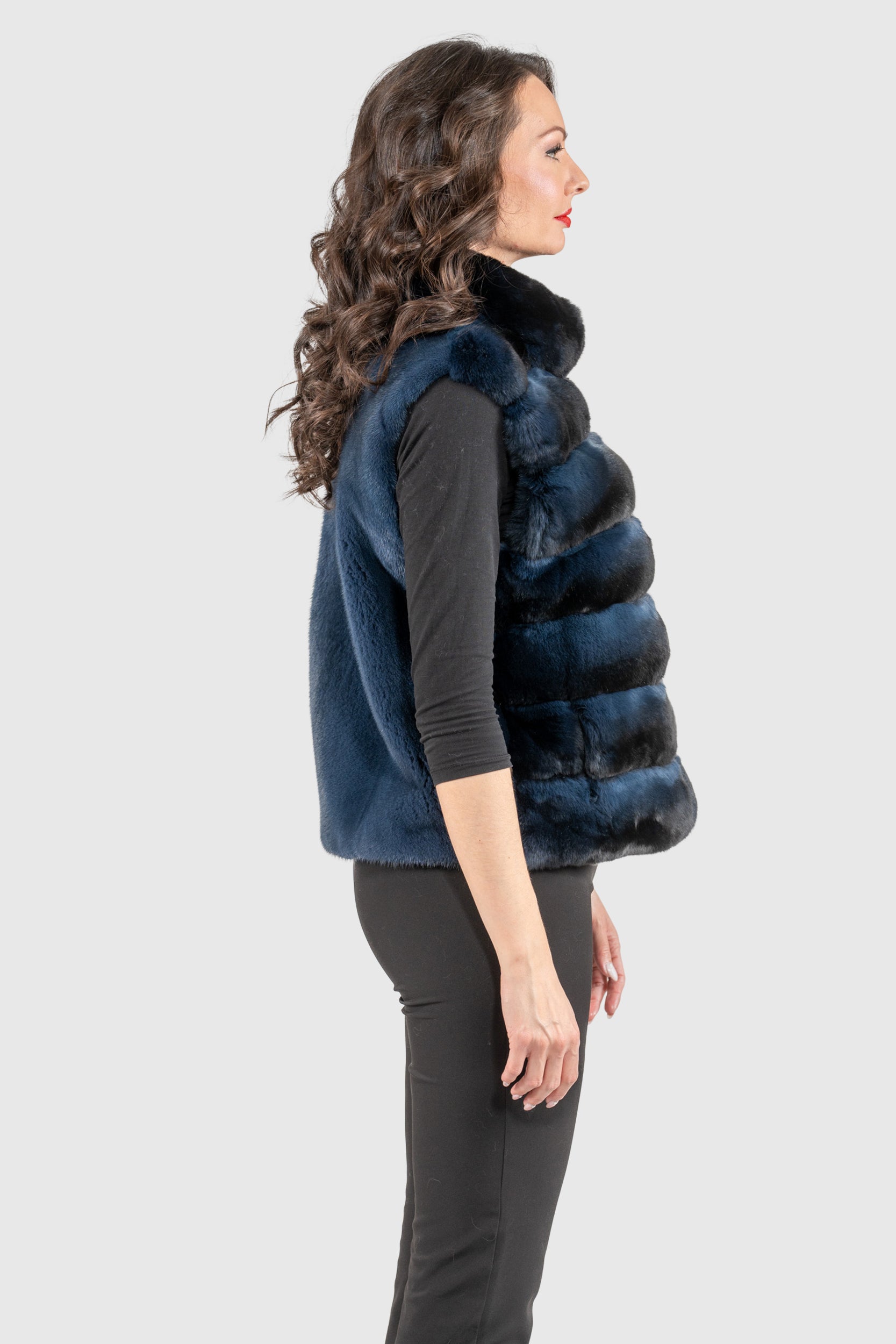 Chinchilla Fur Vest with Stand Collar and Mink Trim in Blue Black P/K2201