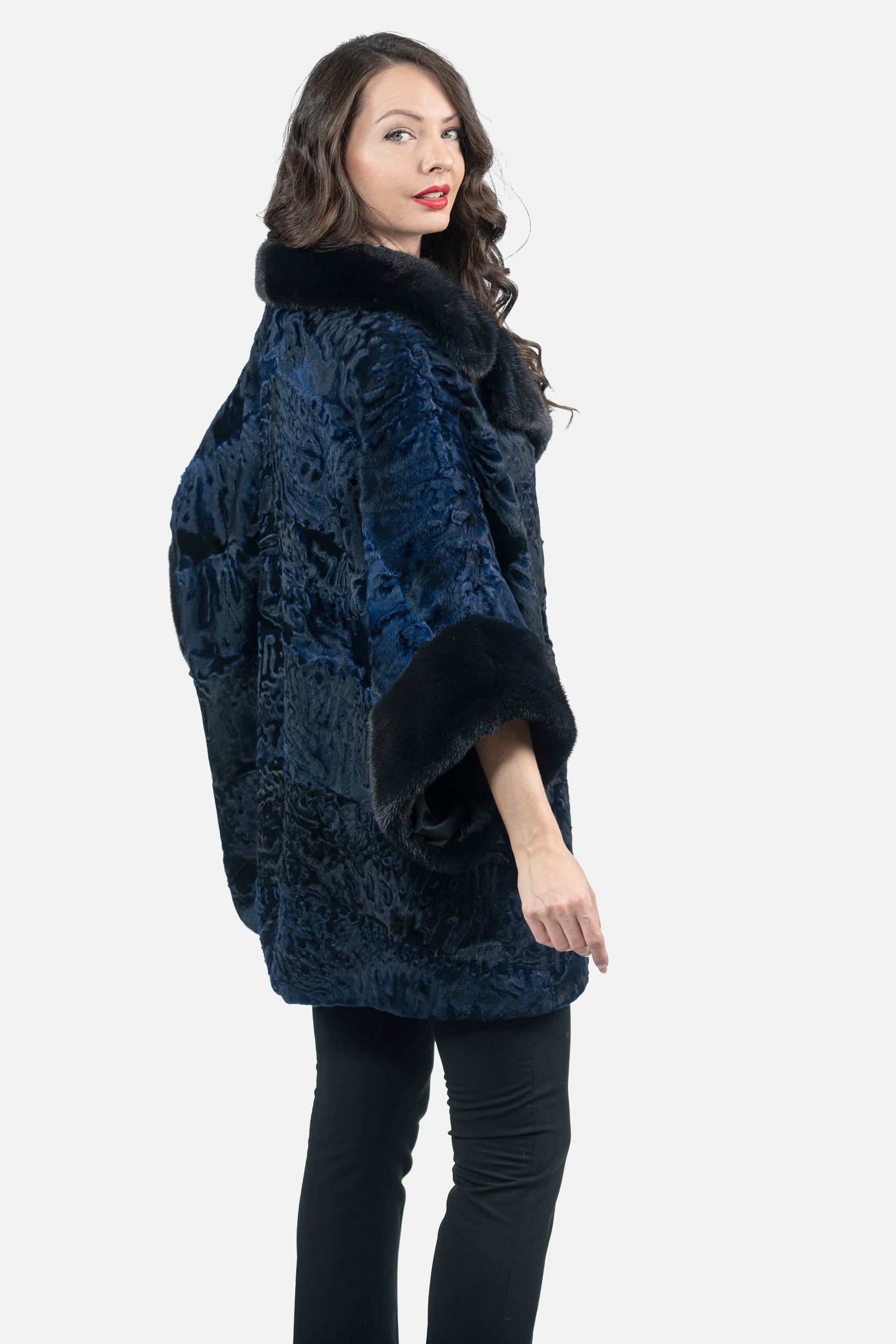 Blue Black Swakara Cape with Mink Notch Collar S/S929