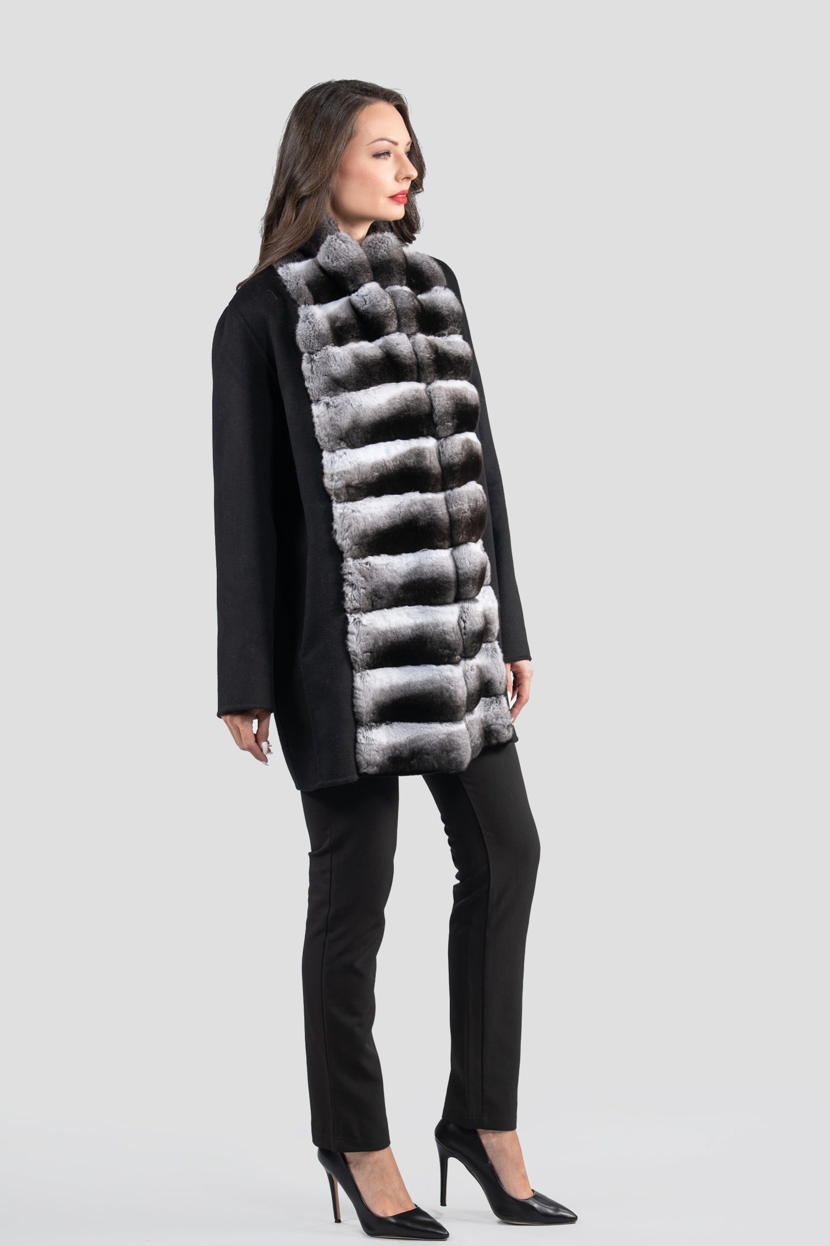 Black Cashmere Coat with Chinchilla Trim 21C8050