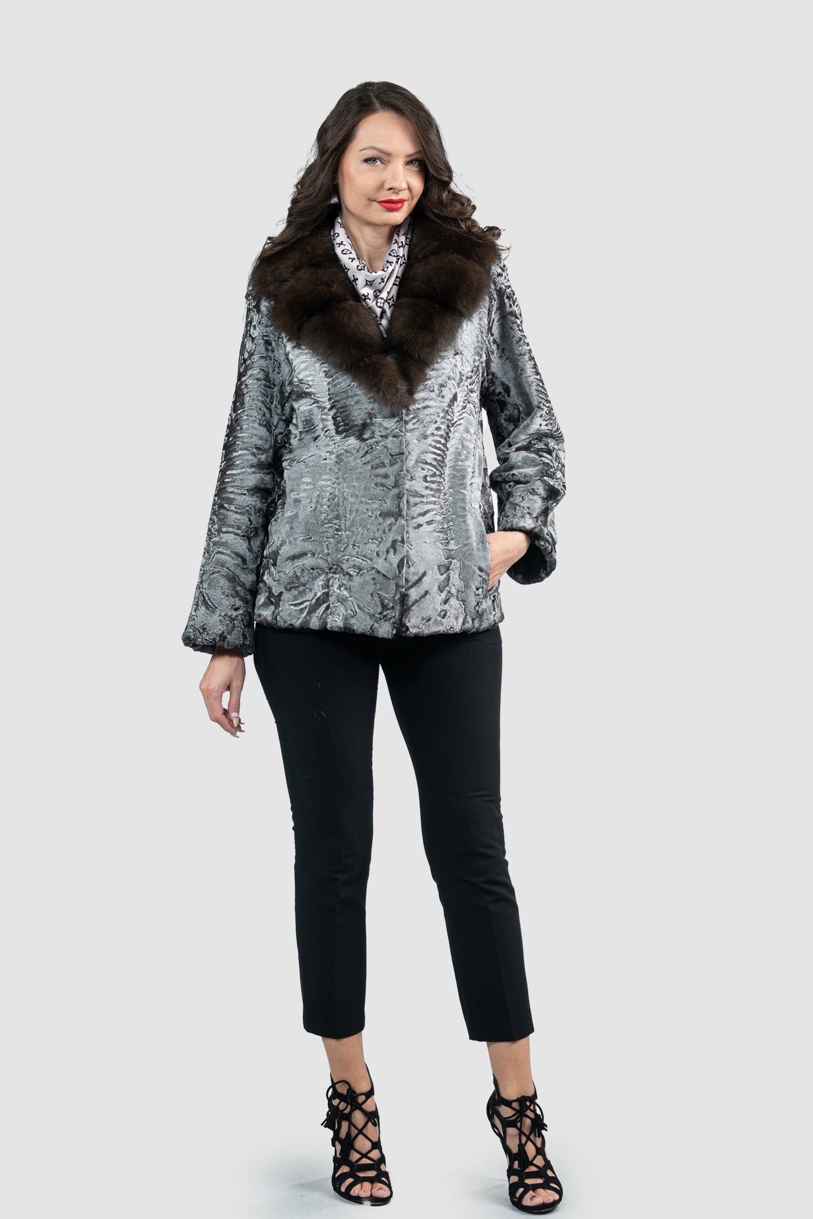 Silver Swakara Jacket with Russian Sable Notch Collar S/S13C528