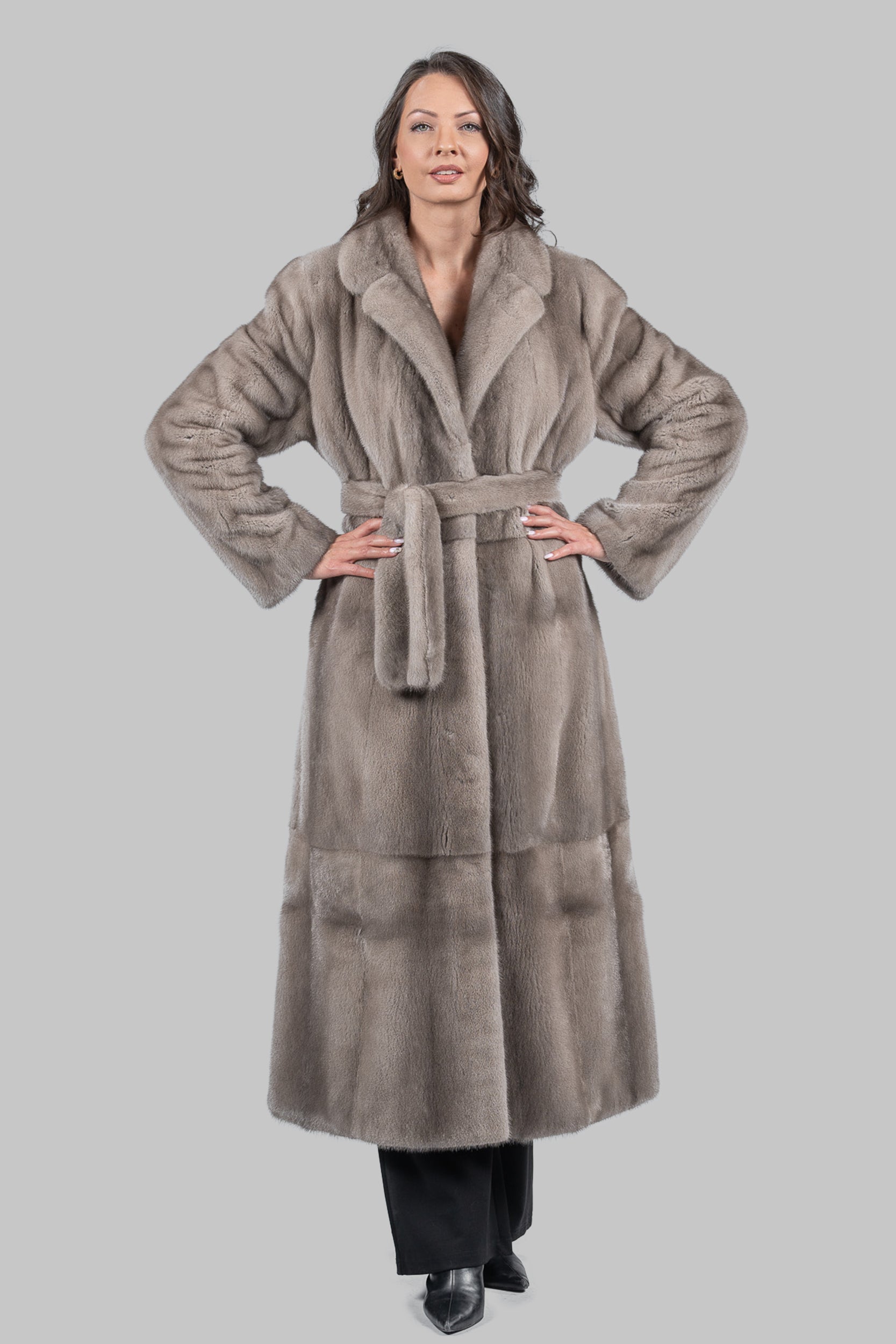 Silver Blue Skin to Skin Belted Mink Long Coat S/S13C976