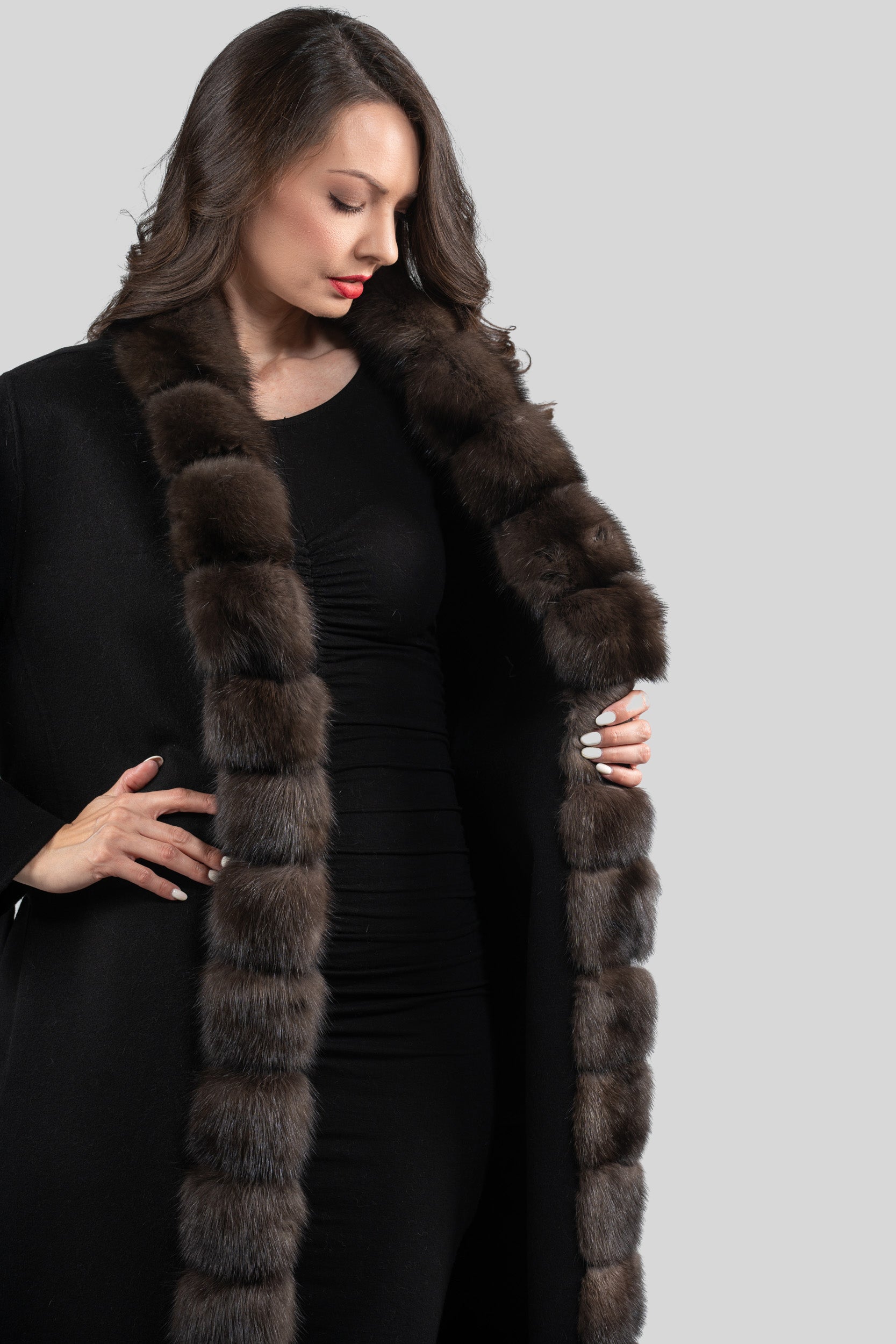 Black Cashmere Coat with Russian Sable Trim 21C6080