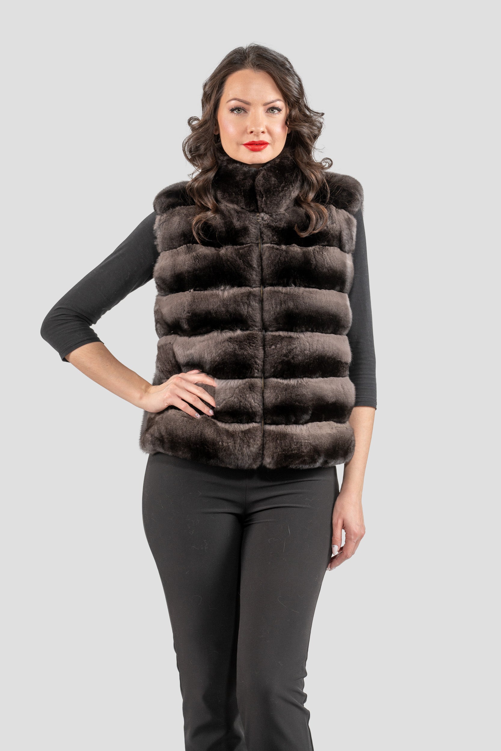 Smokey Chinchilla Fur Vest with Stand Collar and Mink Trim P/K2201