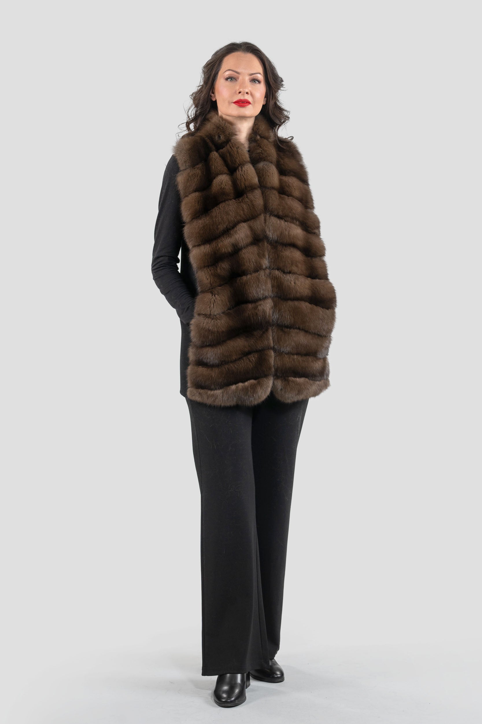 Black Cashmere Vest with Russian Sable Trim 17C8003