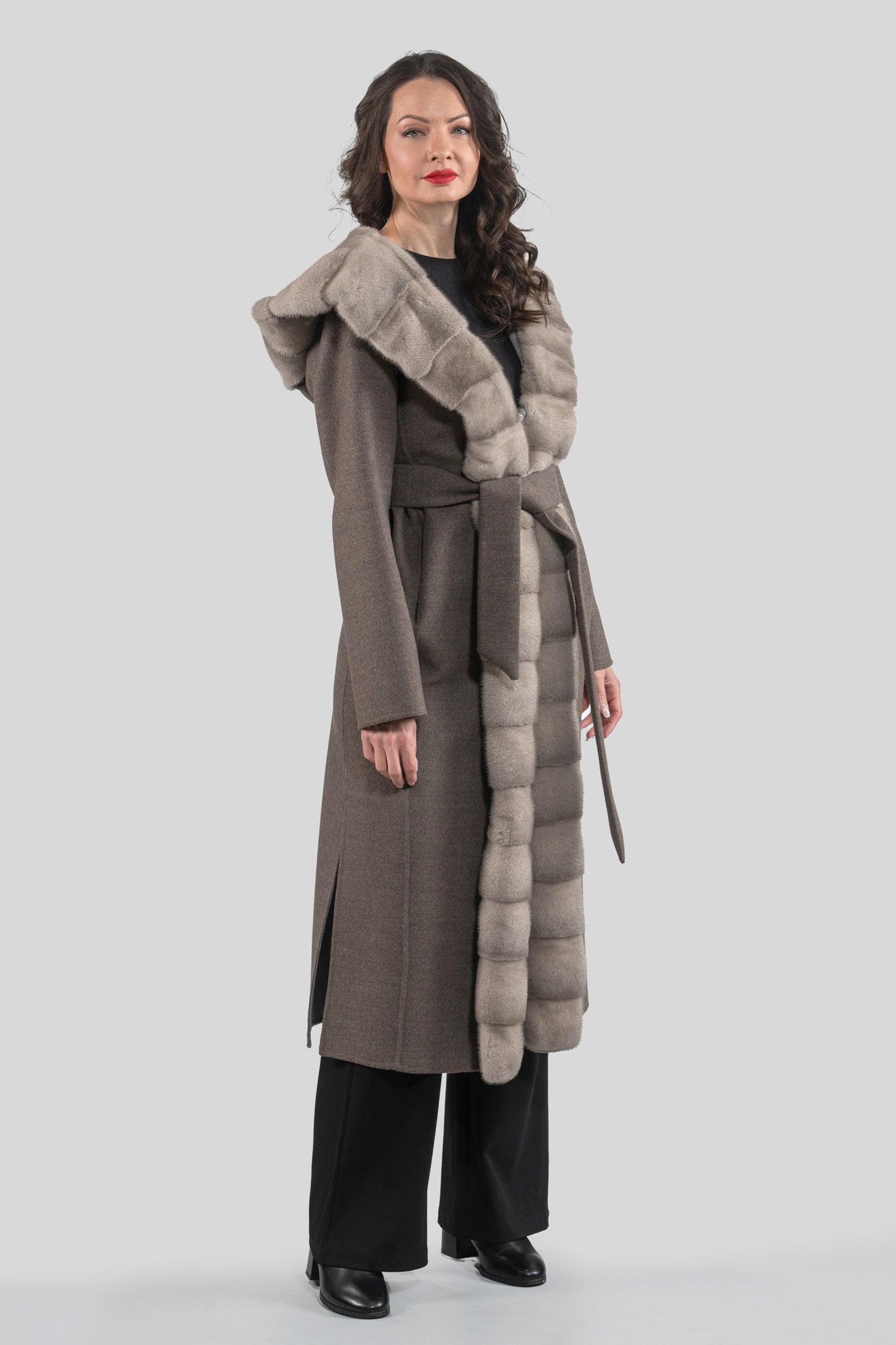 Grey Brown Cashmere Hooded Coat with Mink Trim 21C6080H540
