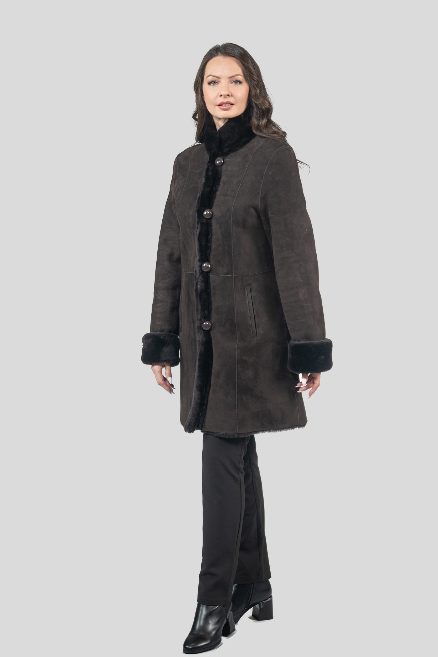 Brown Half Coat In Spanish Merino with Stand Collar 207