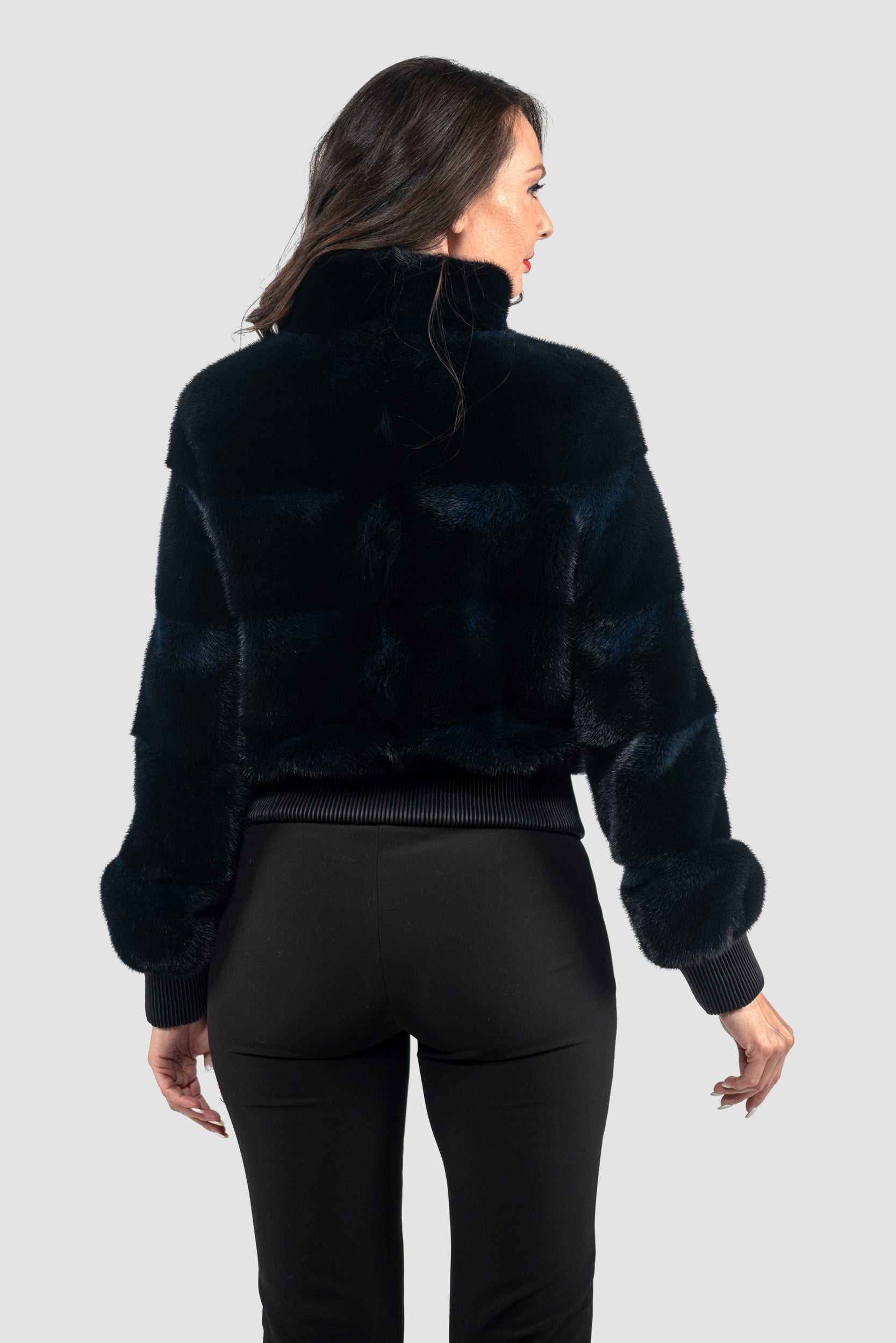 Blue Black Mink Bomber Jacket with Stand Collar P/K13C224