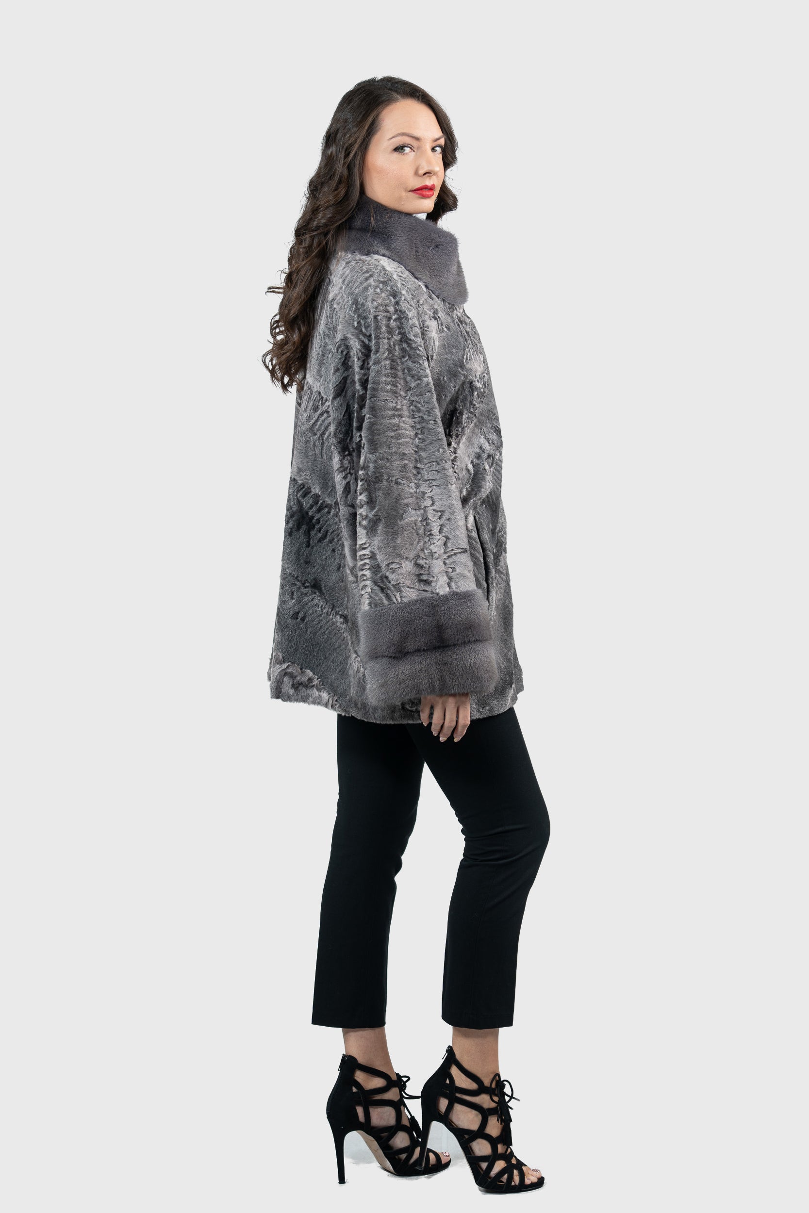 Grey Moon Swakara Half Coat with Mink Trim A/K13C848
