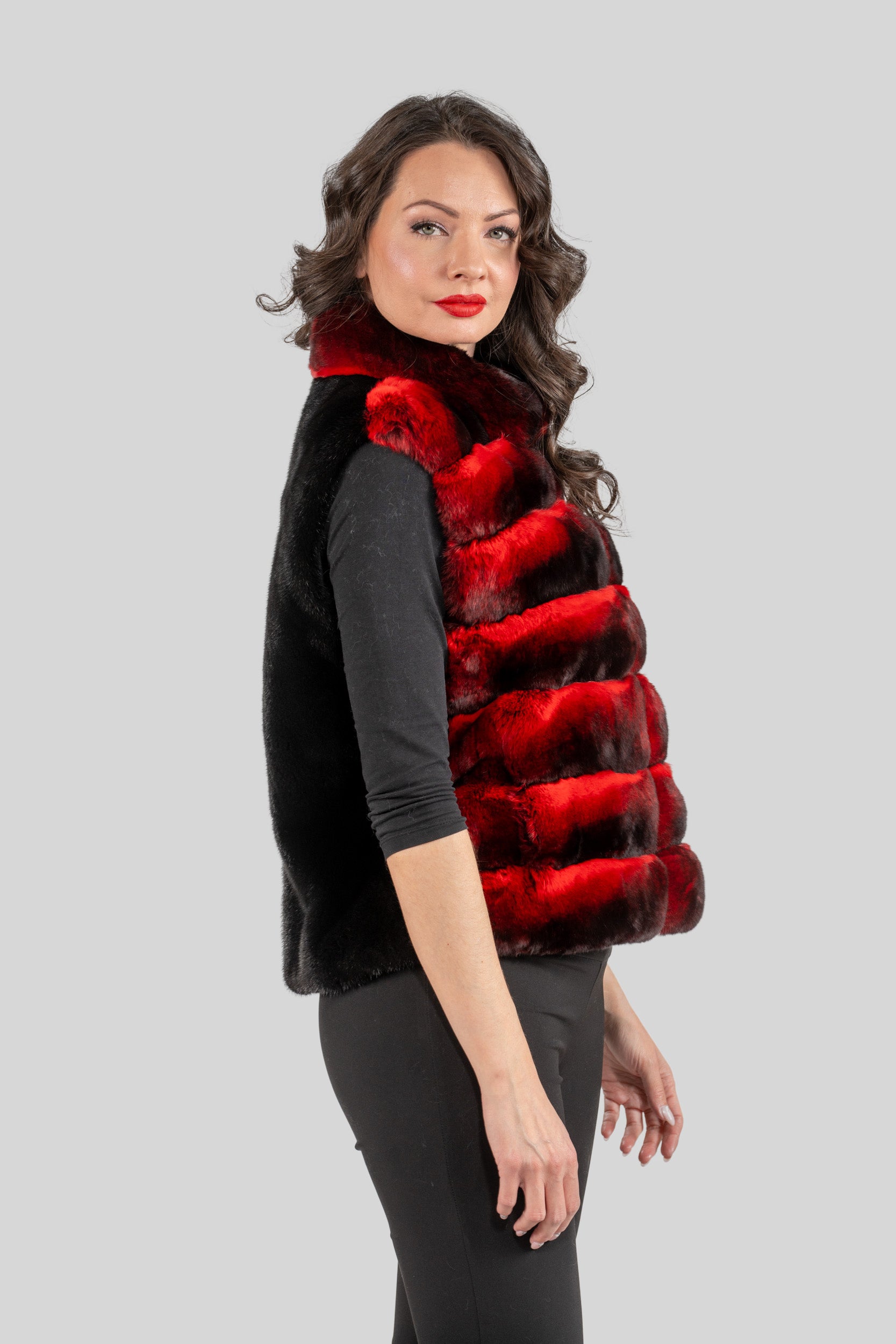 Red Chinchilla Vest with Stand Collar and Mink Trim P/K2201