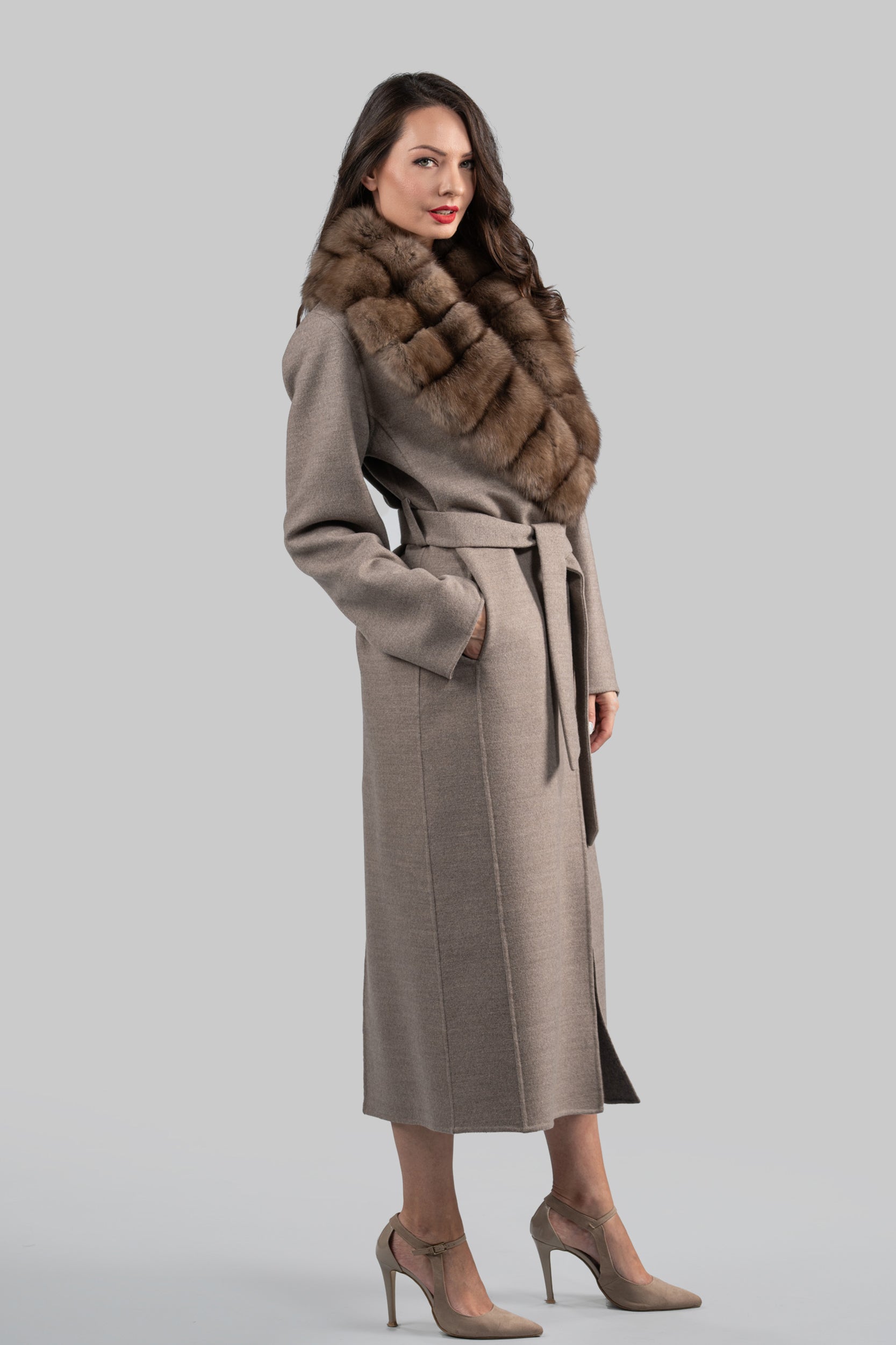 Brown Gray Cashmere Coat with Russian Sable Shawl Collar 20C8070
