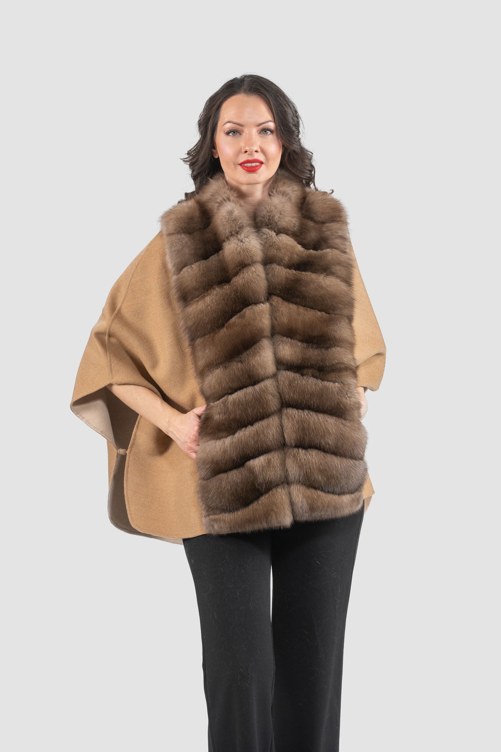 Ecru Beige Cashmere Cape with Russian Sable Trim 18M95088