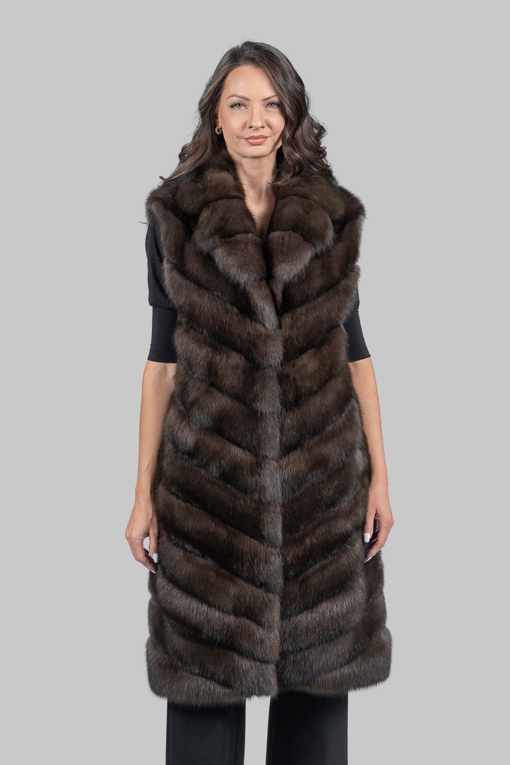 Dark Sable Long Vest with Notch Collar V/K13c519s20