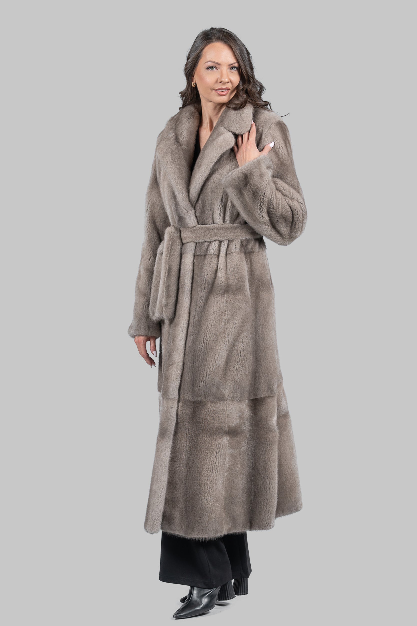 Silver Blue Skin to Skin Belted Mink Long Coat S/S13C976