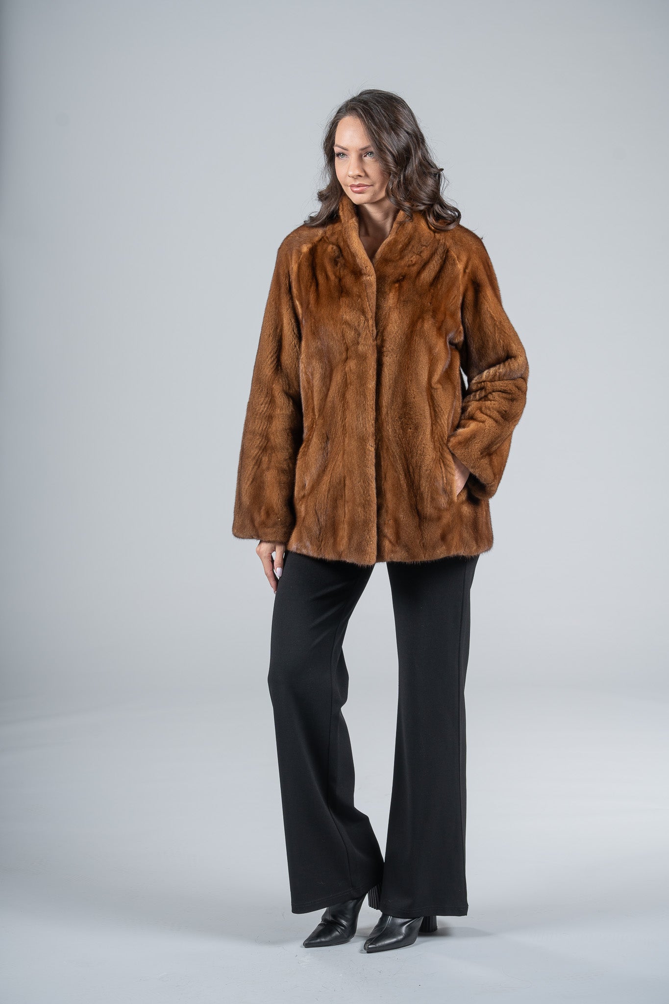 Gold Mink Half Coat with Stand Smoking Collar L/O13C530G8003