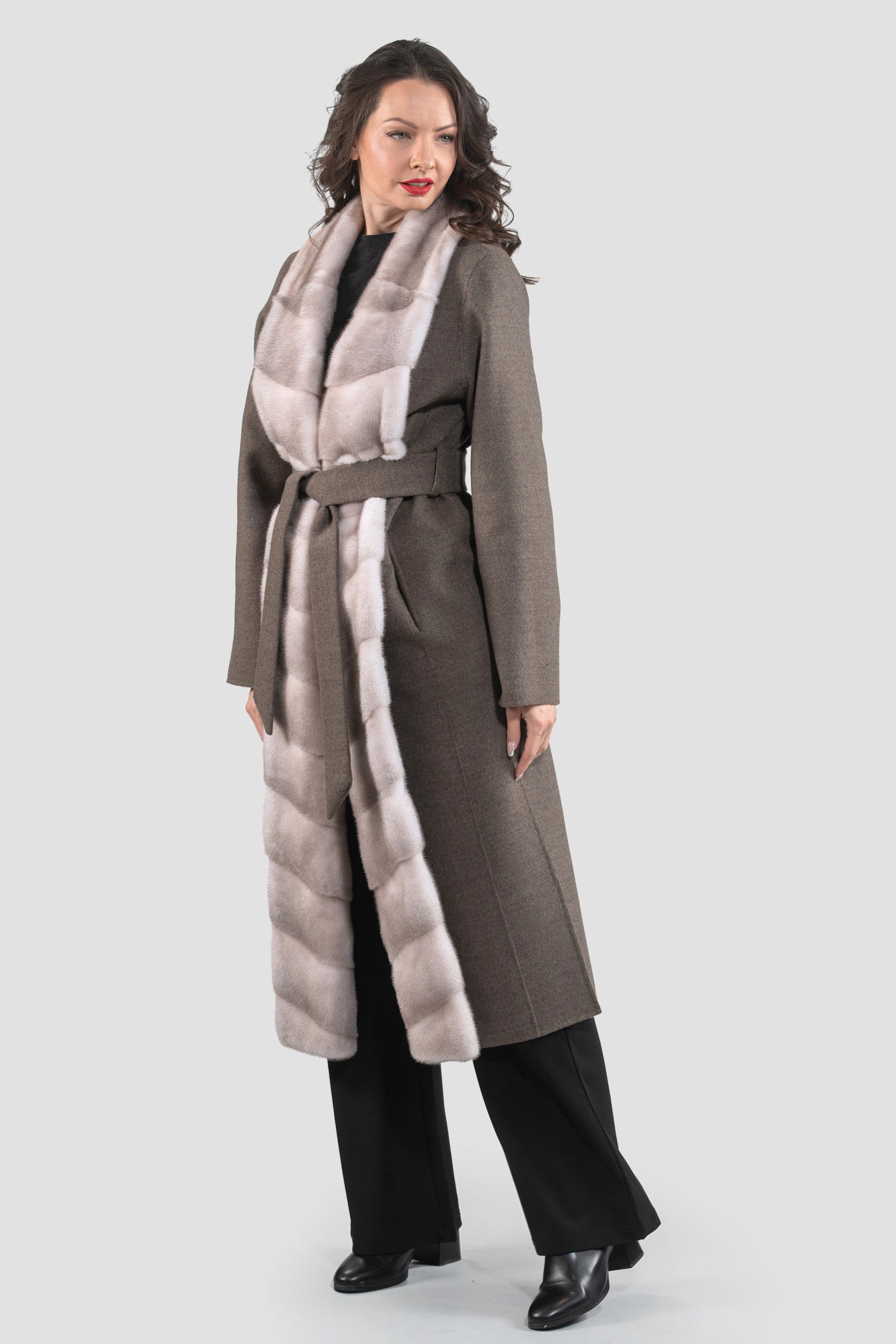 Brown Grey Cashmere Coat with Mink Trim 3321