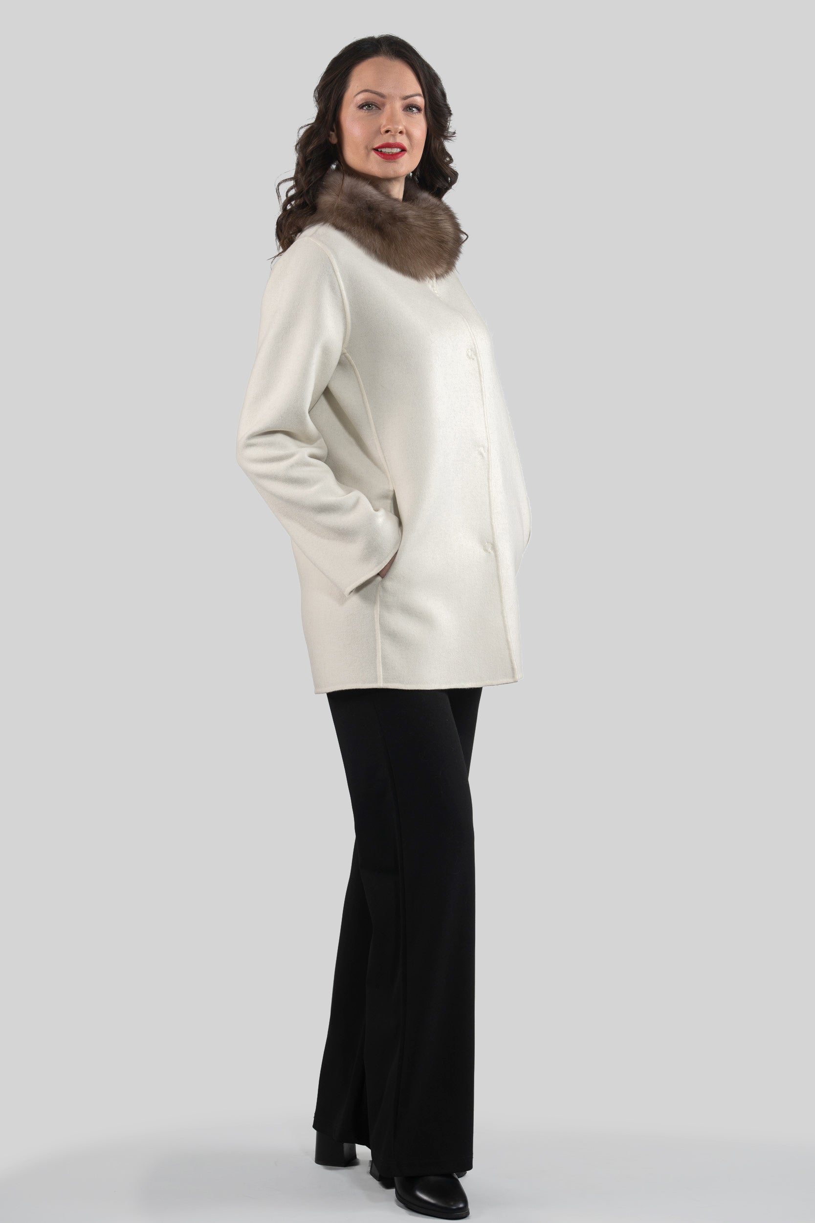 White Cashmere Jacket with Russian Sable Trimmed Stand Collar 17C8003G530