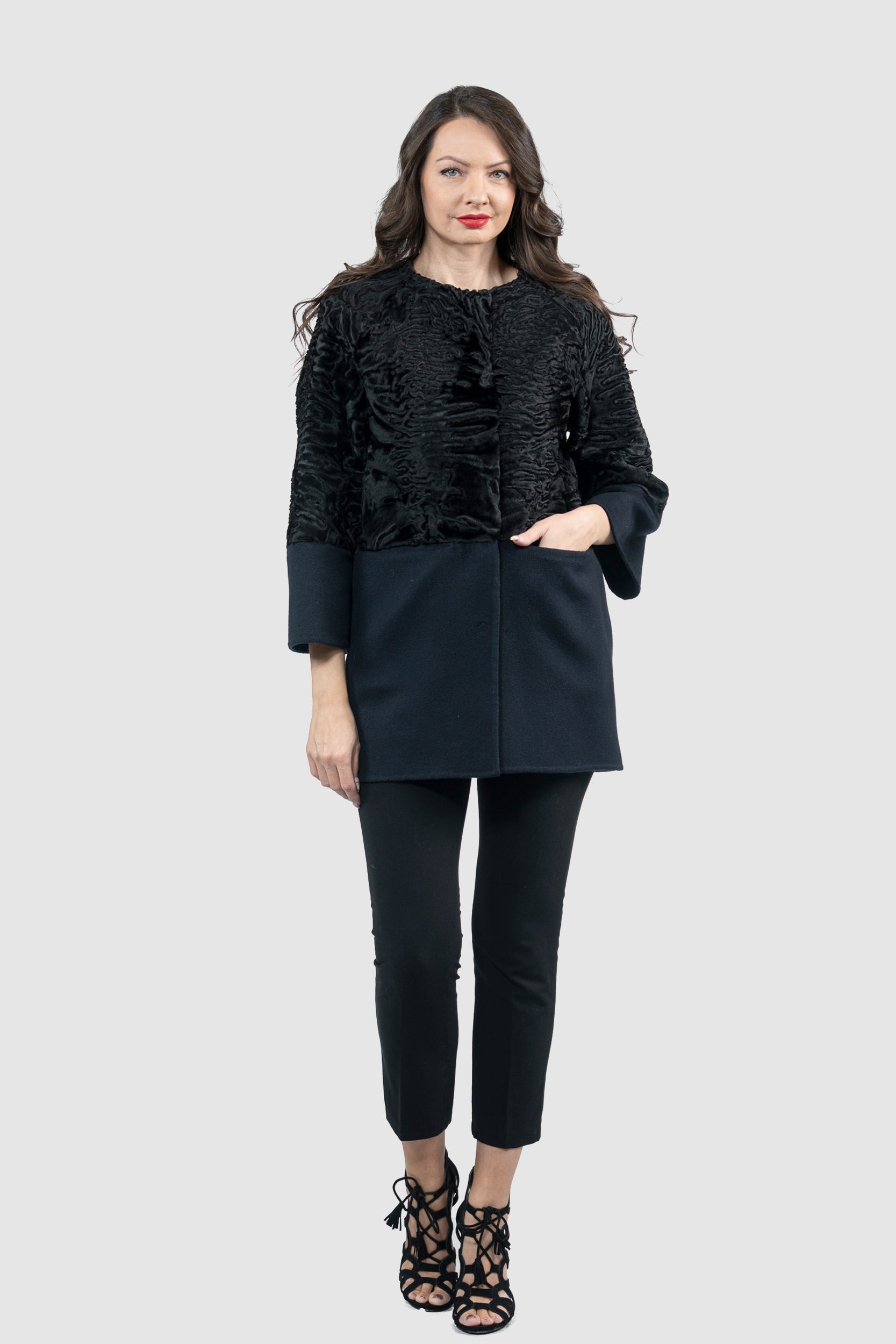 Blue Black Swakara Half Coat with Cashmere S/S18M140