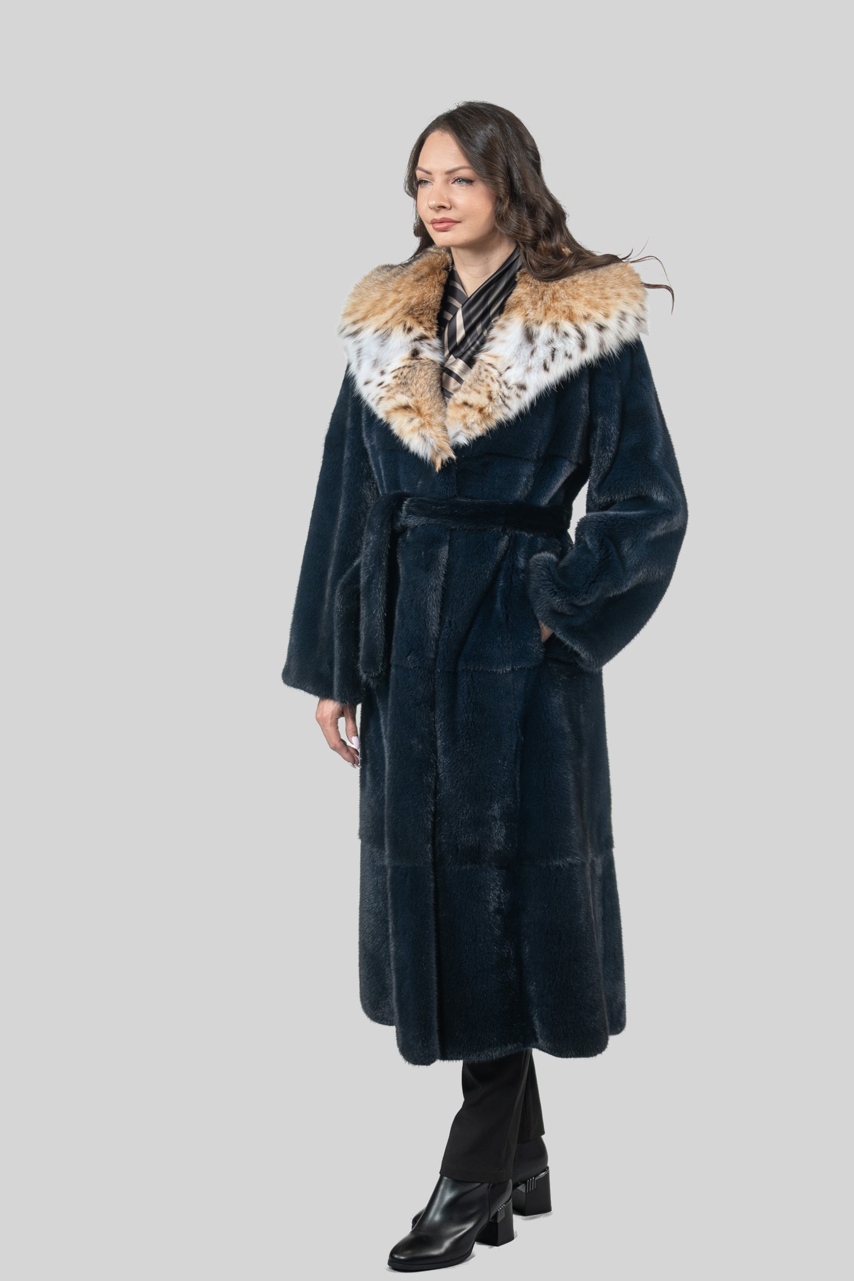 Blue Black Mink Coat with Bobcat Hood S/S13C978