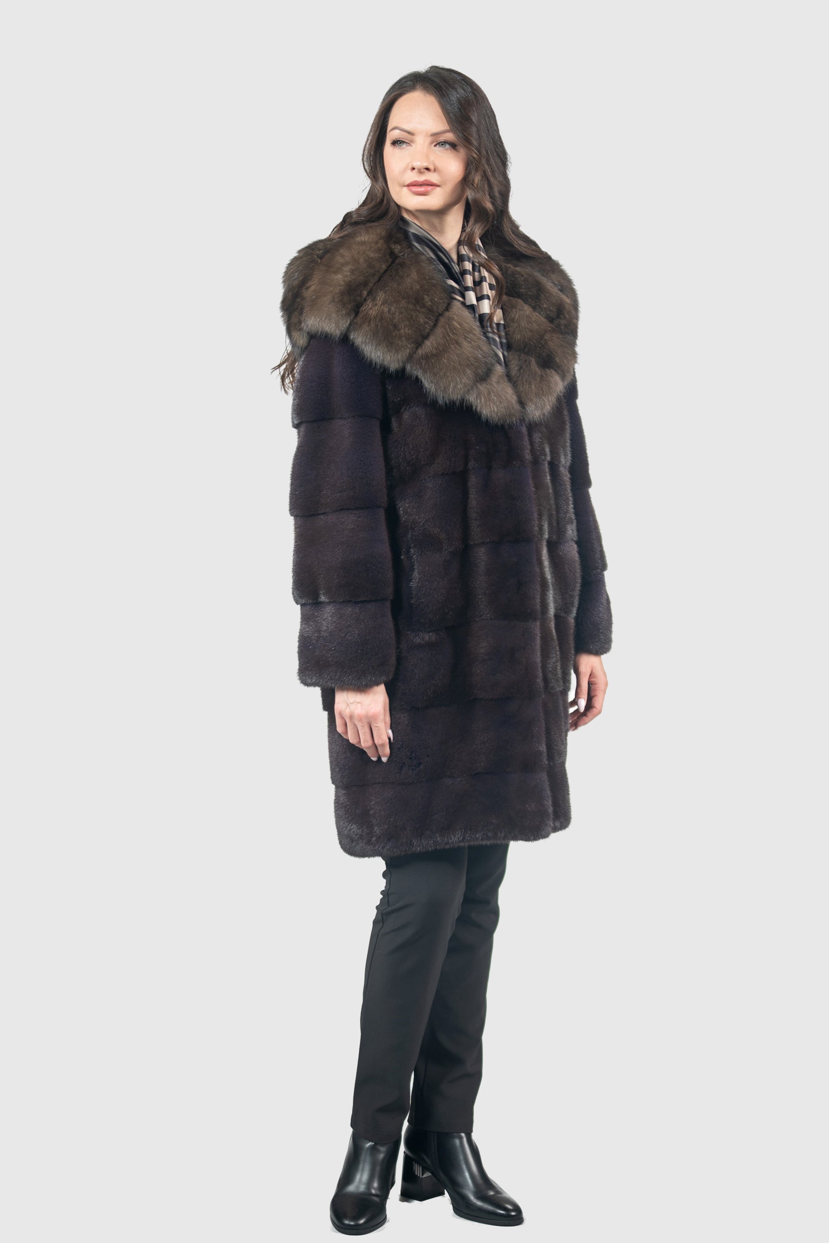 Aubergine Mink Half Coat with Russian Sable Hood P/K13C540