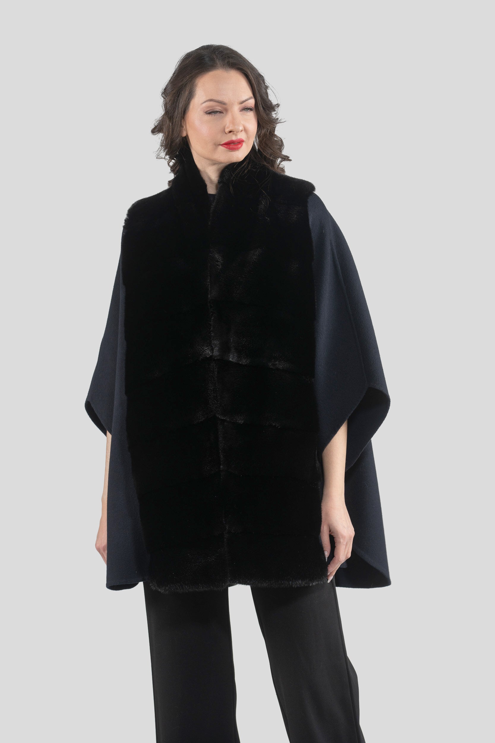 Blue Black Cashmere Cape with Mink Trim 18M950