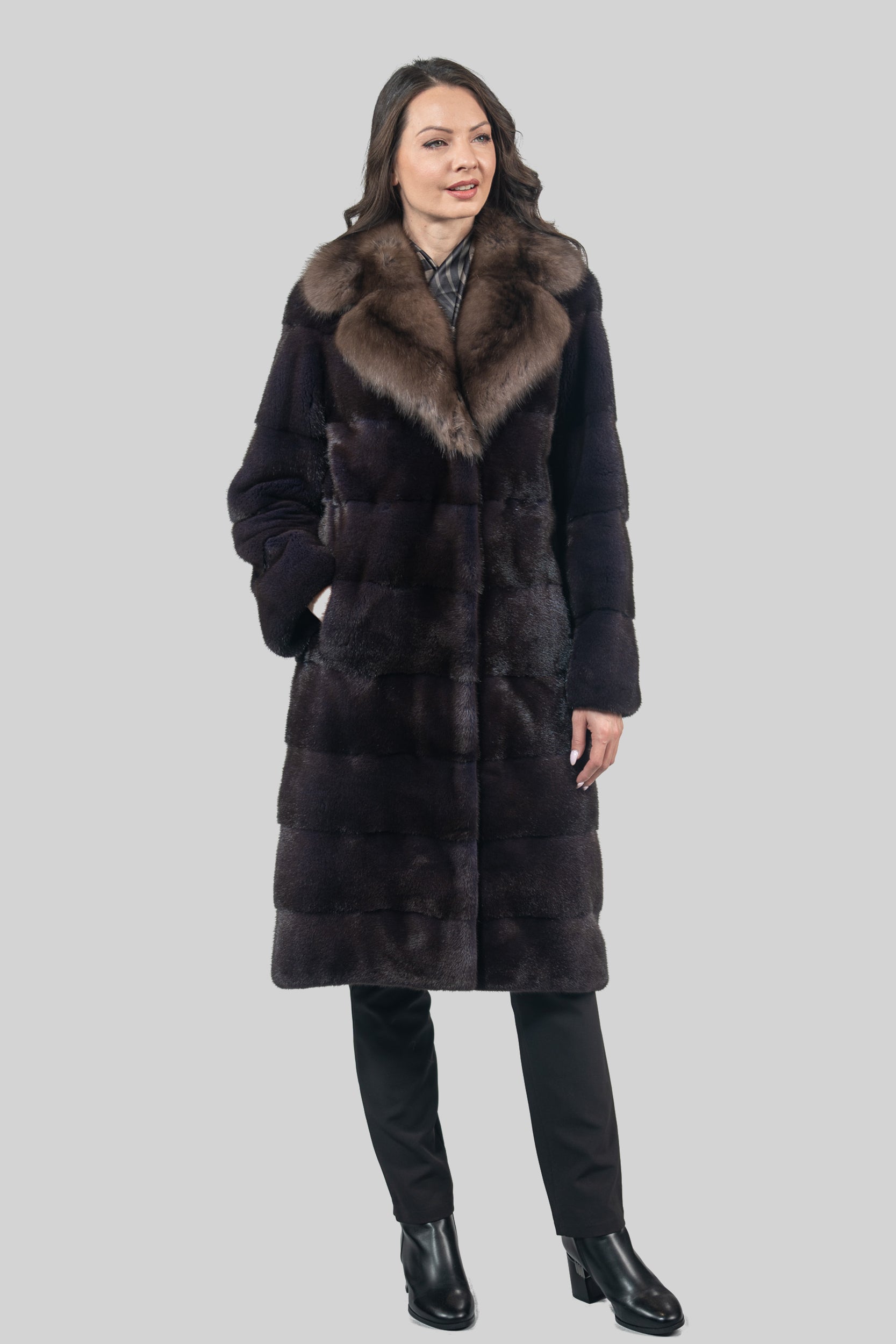 Aubergine Mink Half Coat with Russian Sable Notch Collar P/K13c530s20