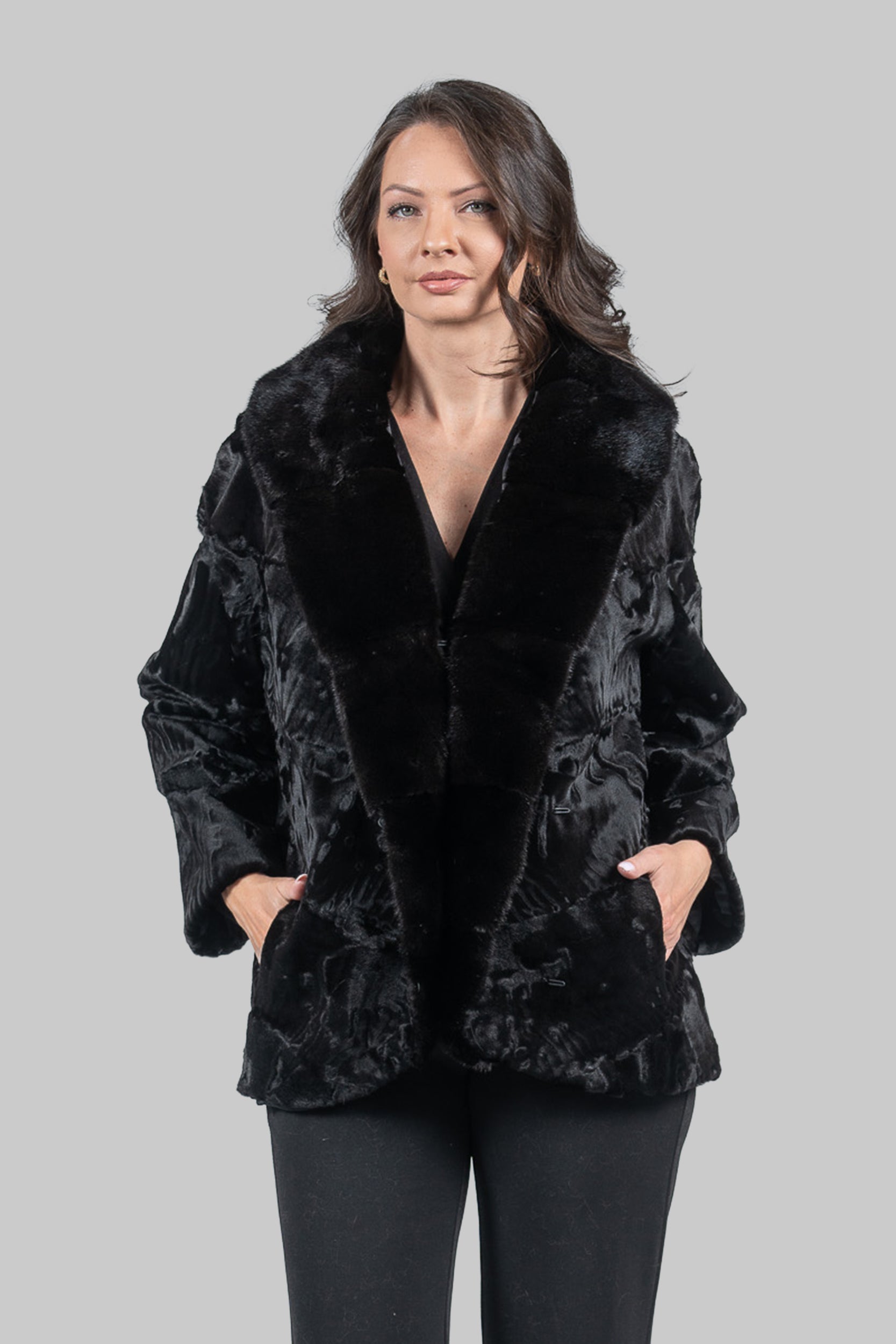 Black Swakara with Extended Mink Shawl Collar Fur Jacket V/K19C123